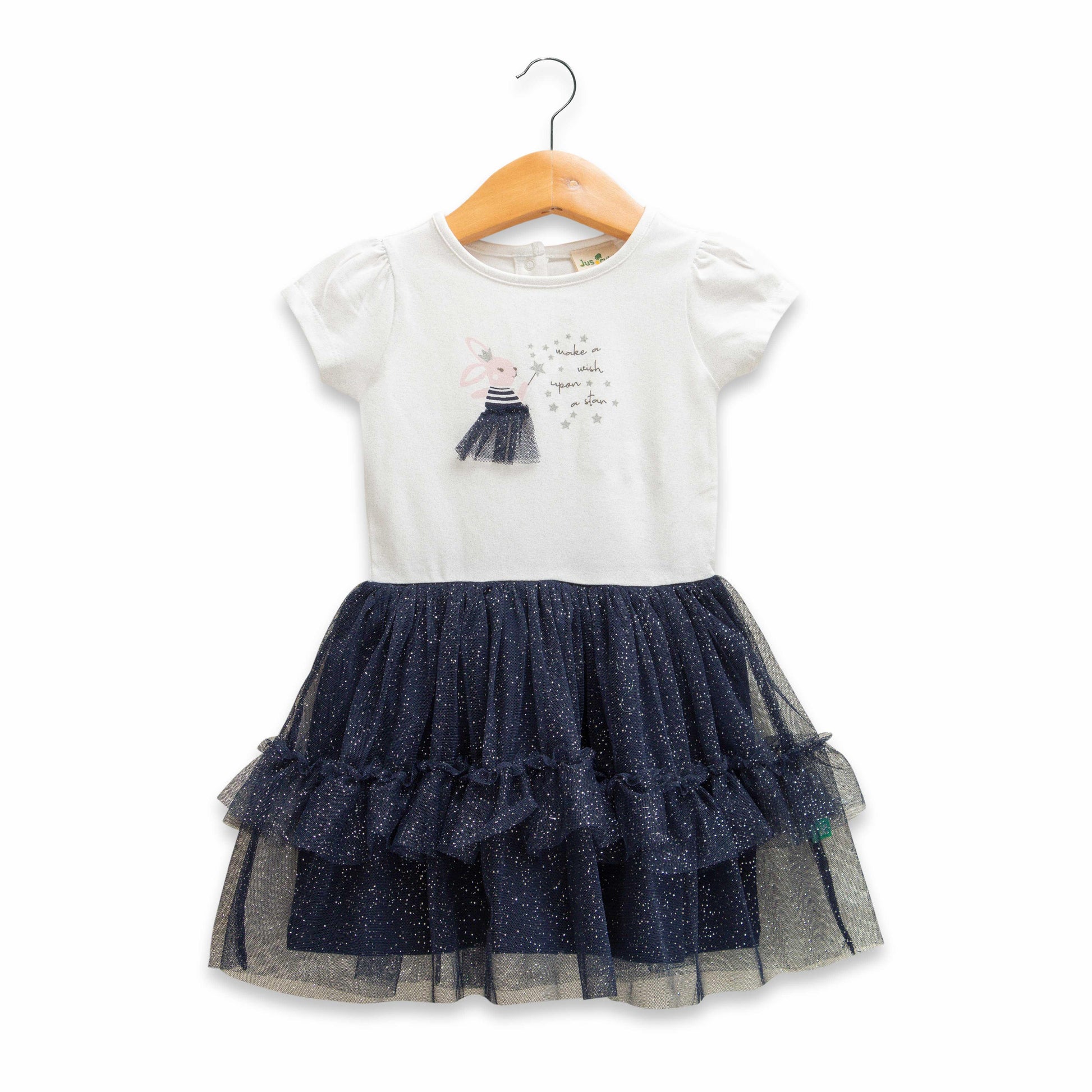Baby Girls' White & Navy Blue Tulle Dress – Sparkle Layered Skirt, Short Sleeve, Party Wear