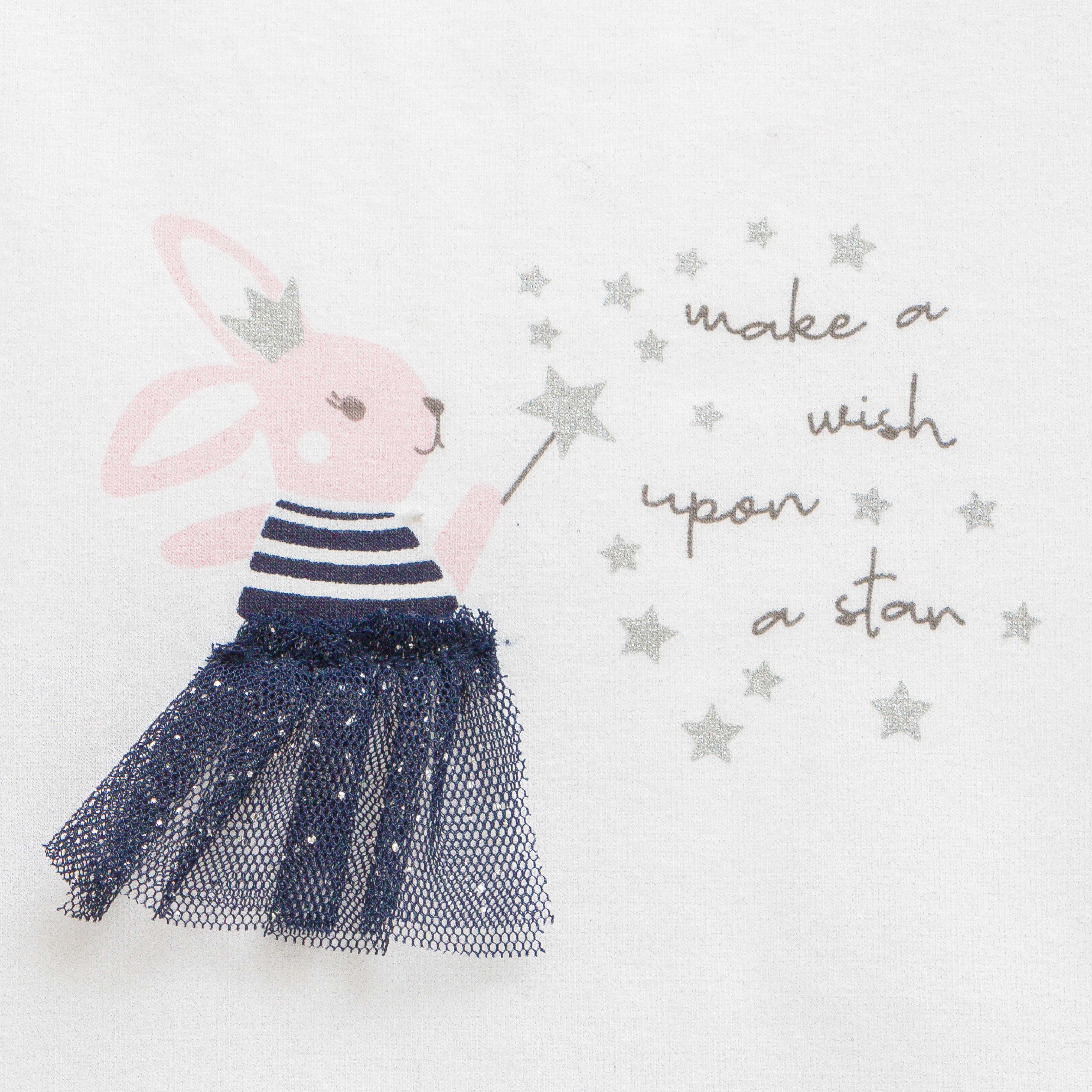 Girls' White and Navy Glitter Tulle Dress with Bunny Print