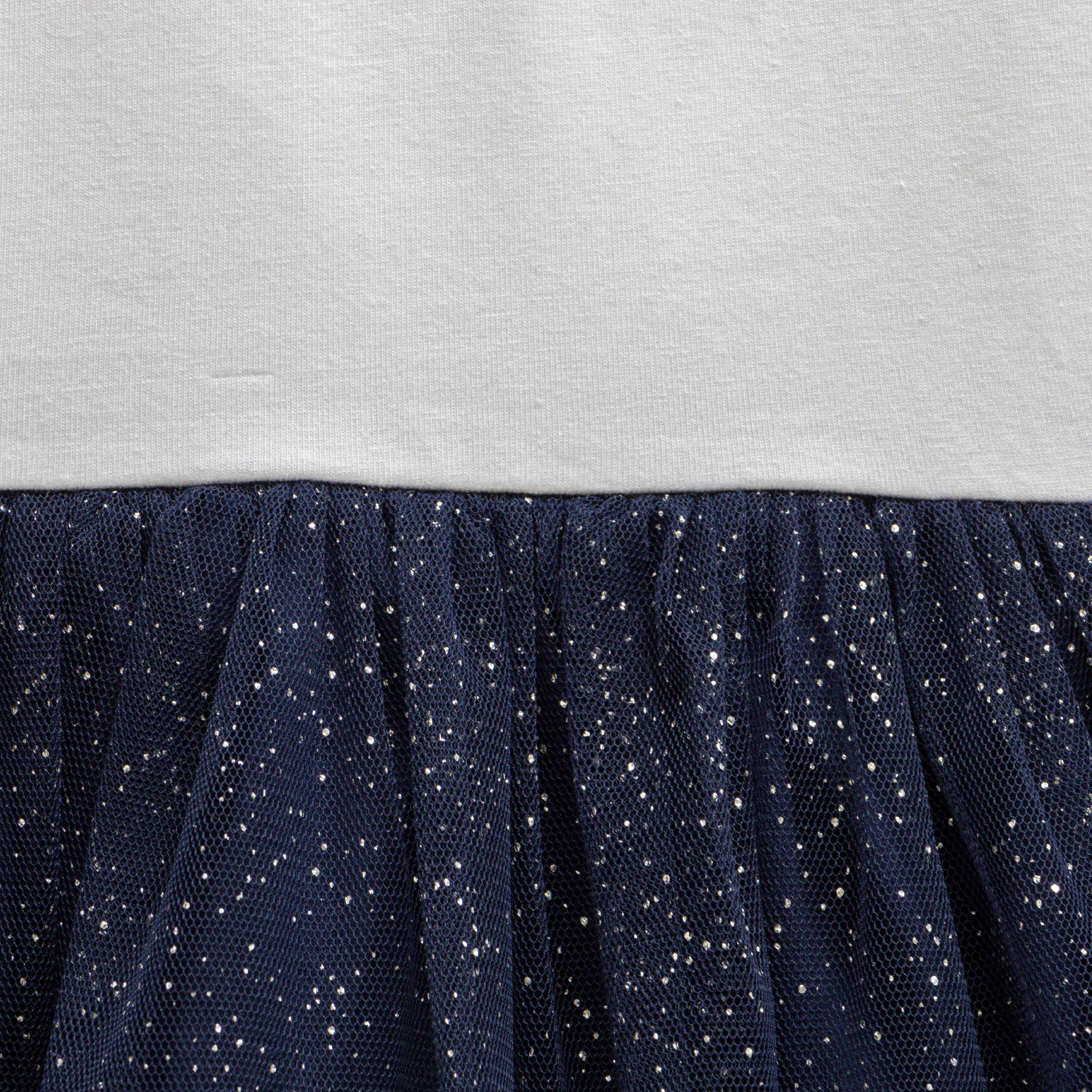 Girls' White and Navy Glitter Tulle Dress with Bunny Print