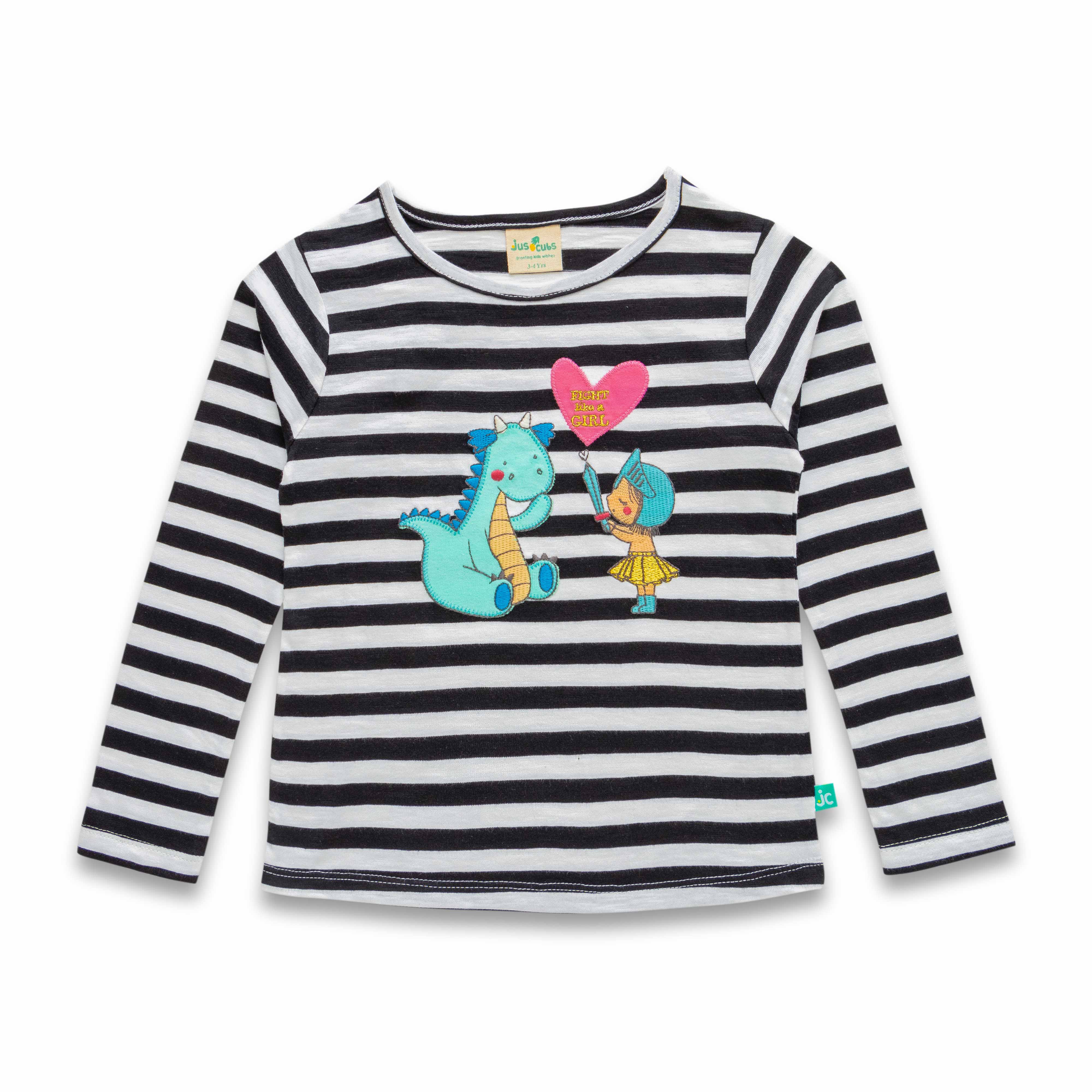 Young Girls Striped & Graphic Printed Full Sleeve T Shirt