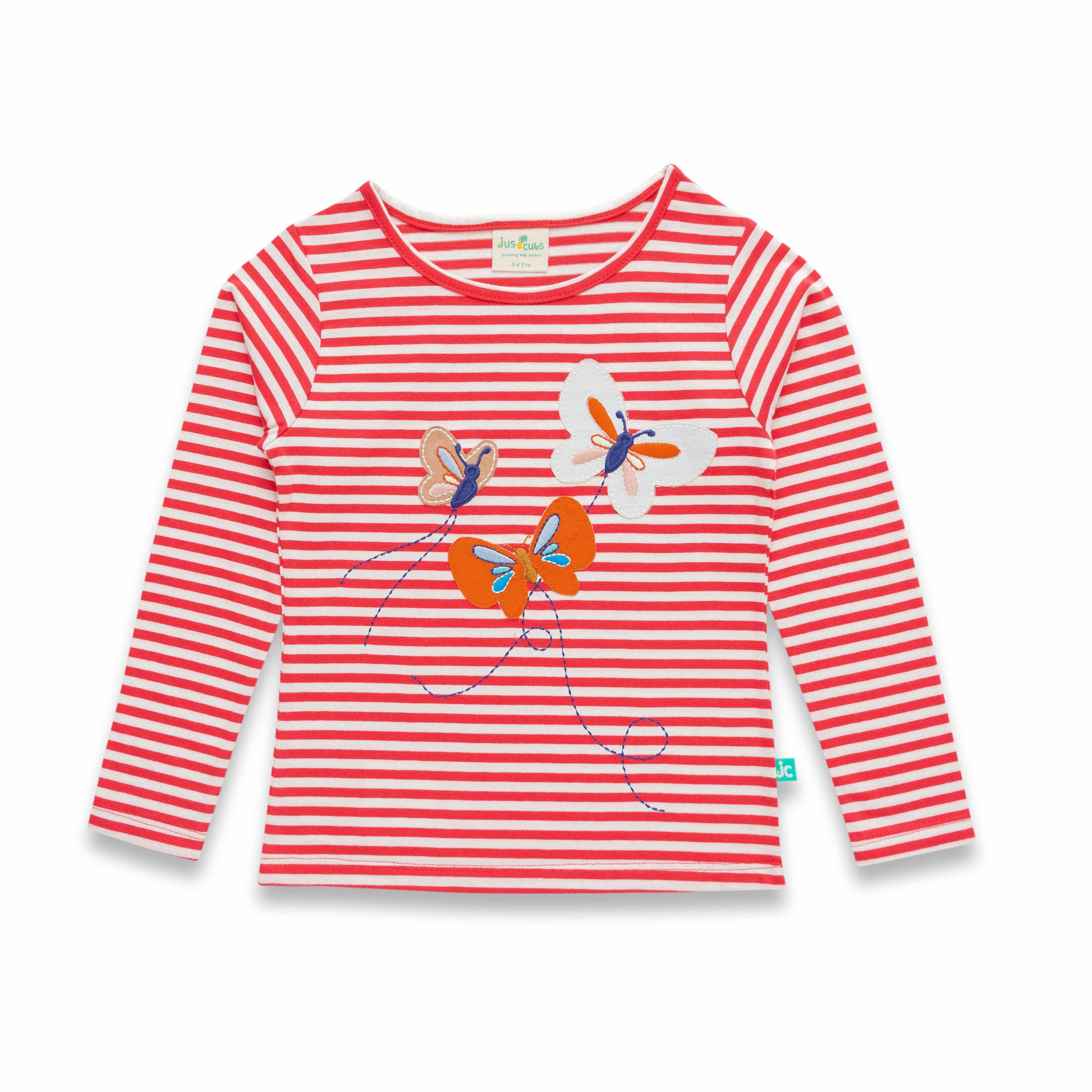 "Girls' Red & White Striped Long Sleeve Top with Embroidered Butterflies"