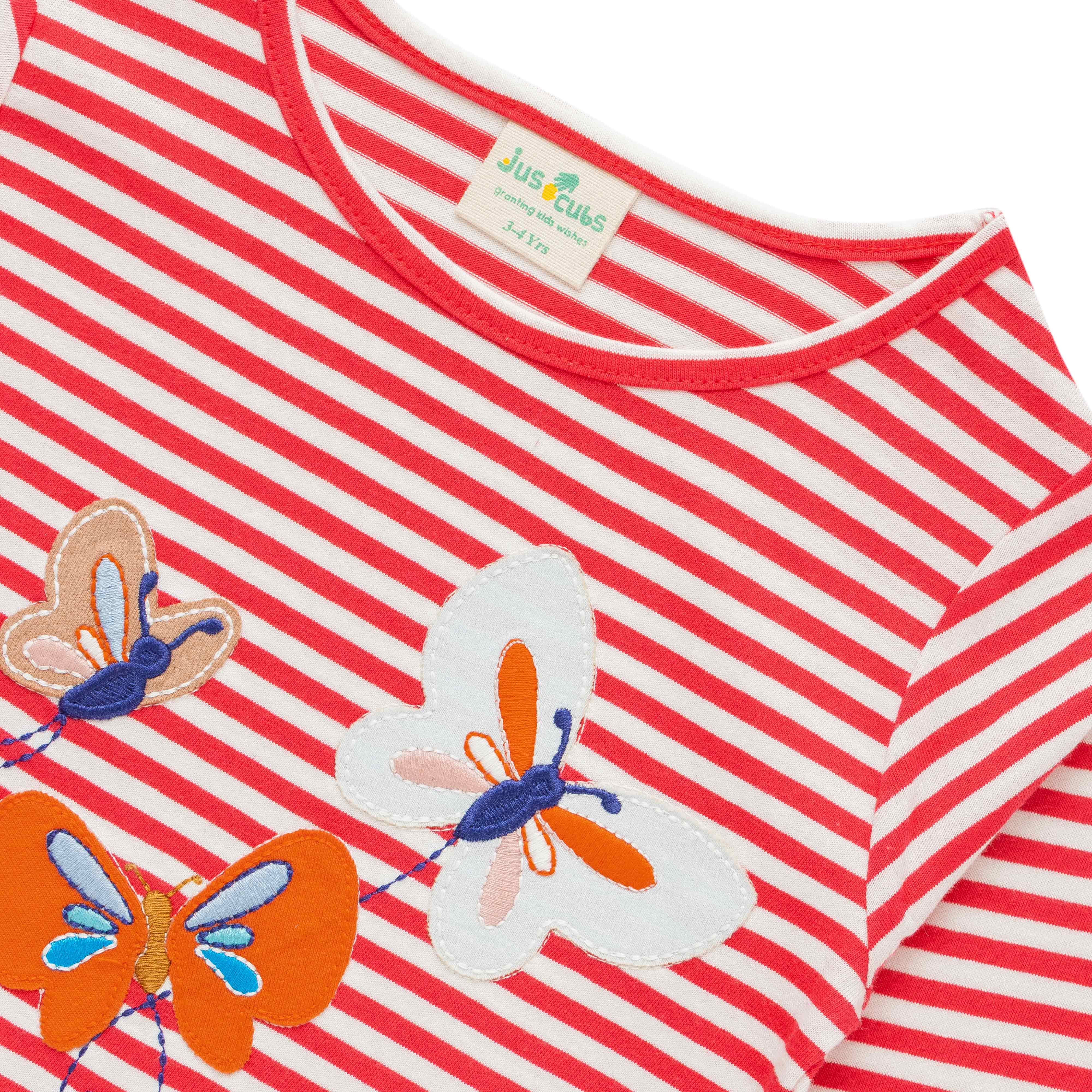 "Baby Girls' Red & White Striped Long Sleeve Top with Embroidered Butterflies"
