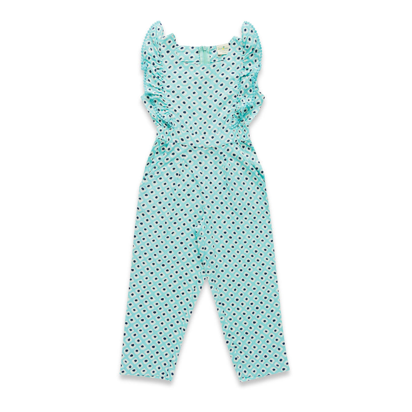 "Girls' Sleeveless Printed Jumpsuit with Ruffle Detailing – Aqua Blue"