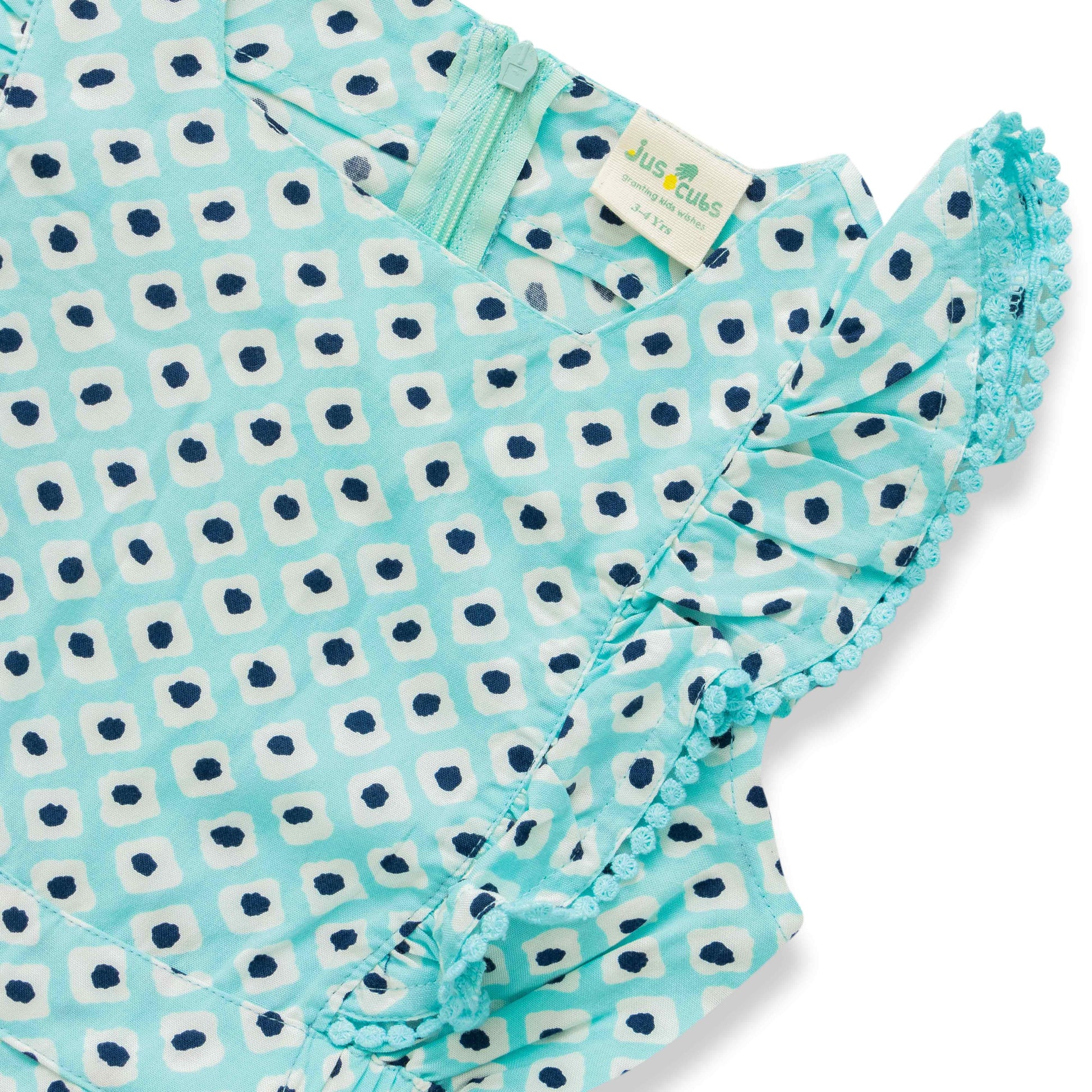 "Girls' Sleeveless Printed Jumpsuit with Ruffle Detailing – Aqua Blue"
