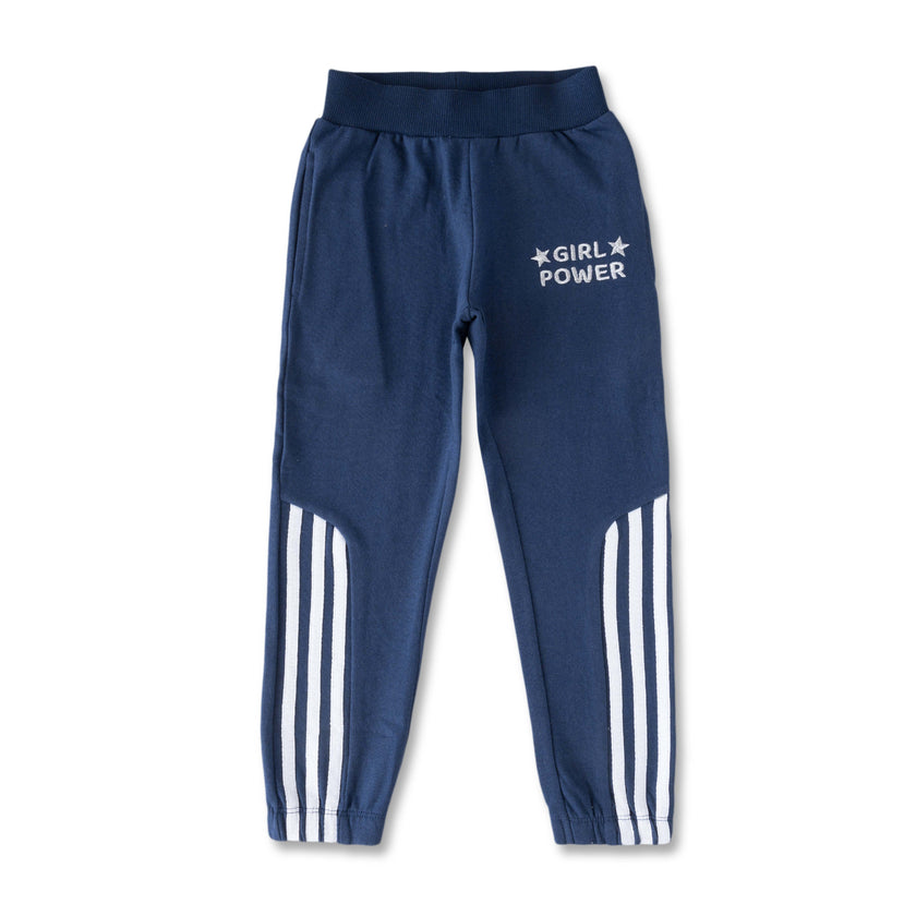 "Girls' Navy Blue Jogger Pants with Embroidered design & Stretchable waist – Cotton Blend"