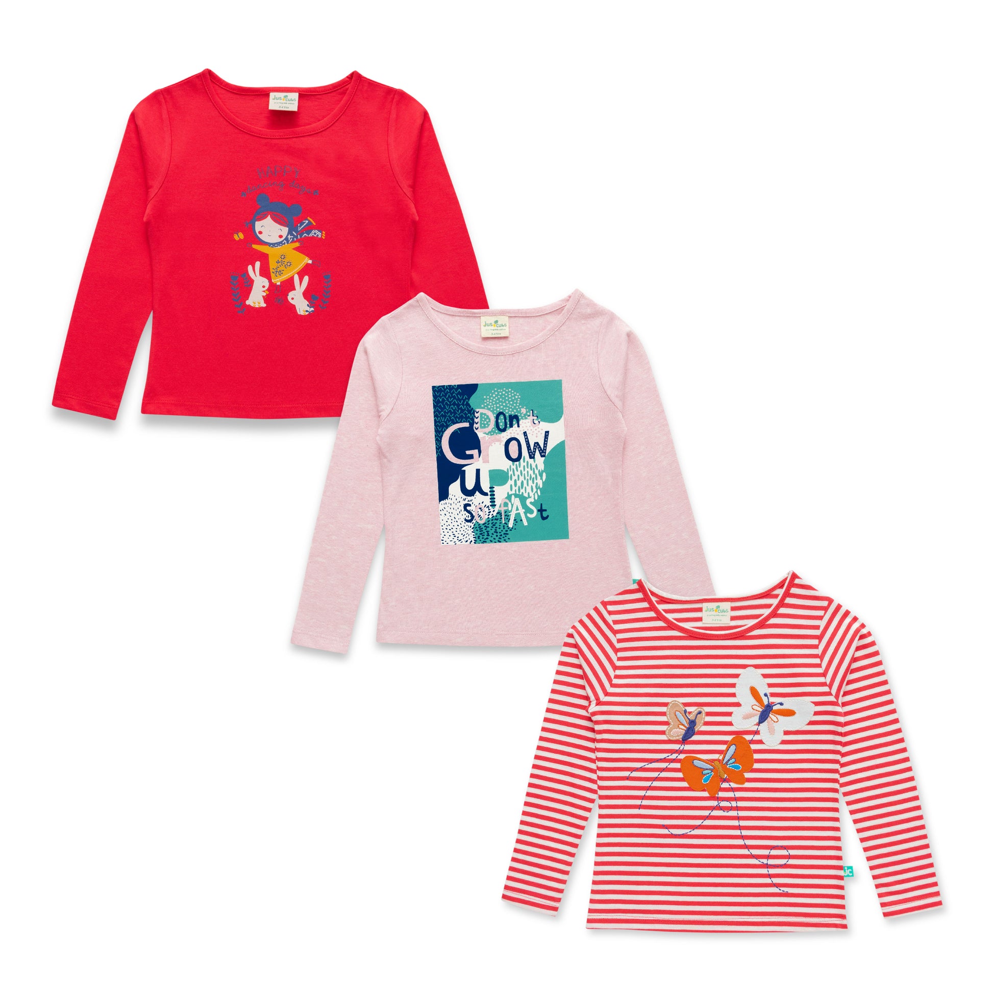 "Baby Girls' Full Sleeve Cotton T-Shirts – Pack of 3 (Graphic & Striped Designs)"