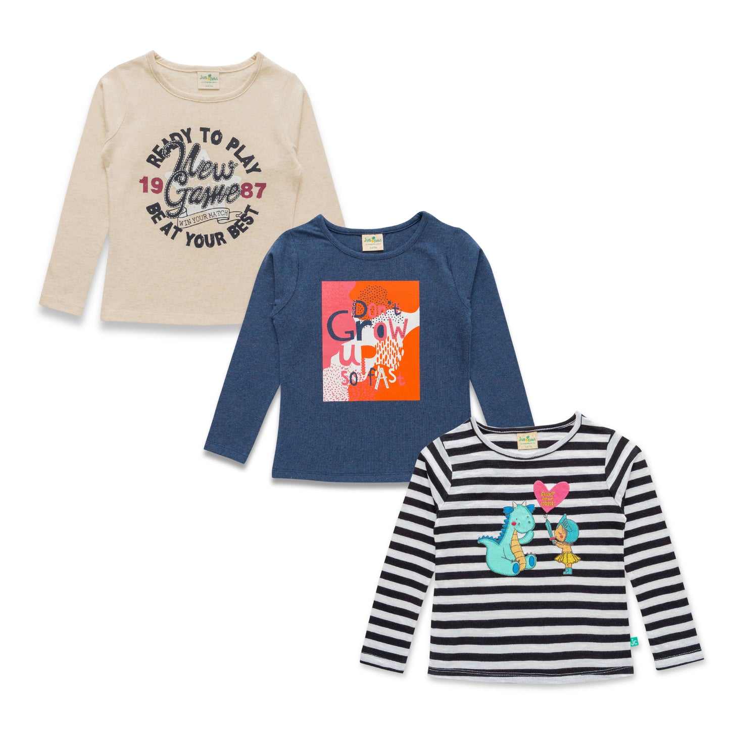 "Girls' Long Sleeve T-Shirt Set – Pack of 3 Graphic Tees with Fun Prints & Slogans"