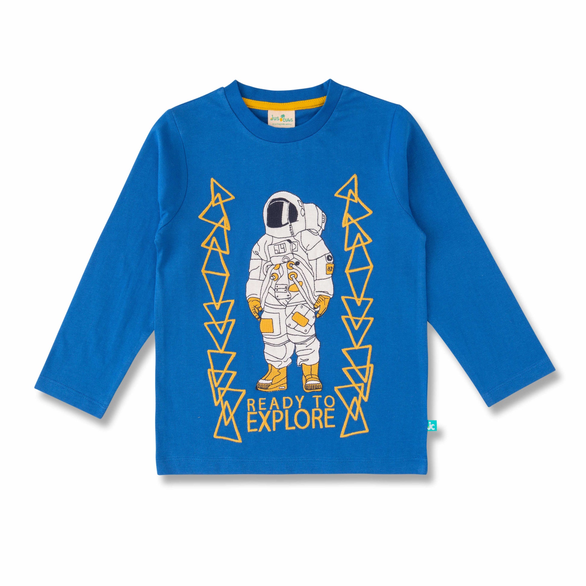 "Baby Boys' Blue Long Sleeve T-Shirt with Astronaut Print – 'Ready to Explore' Theme"