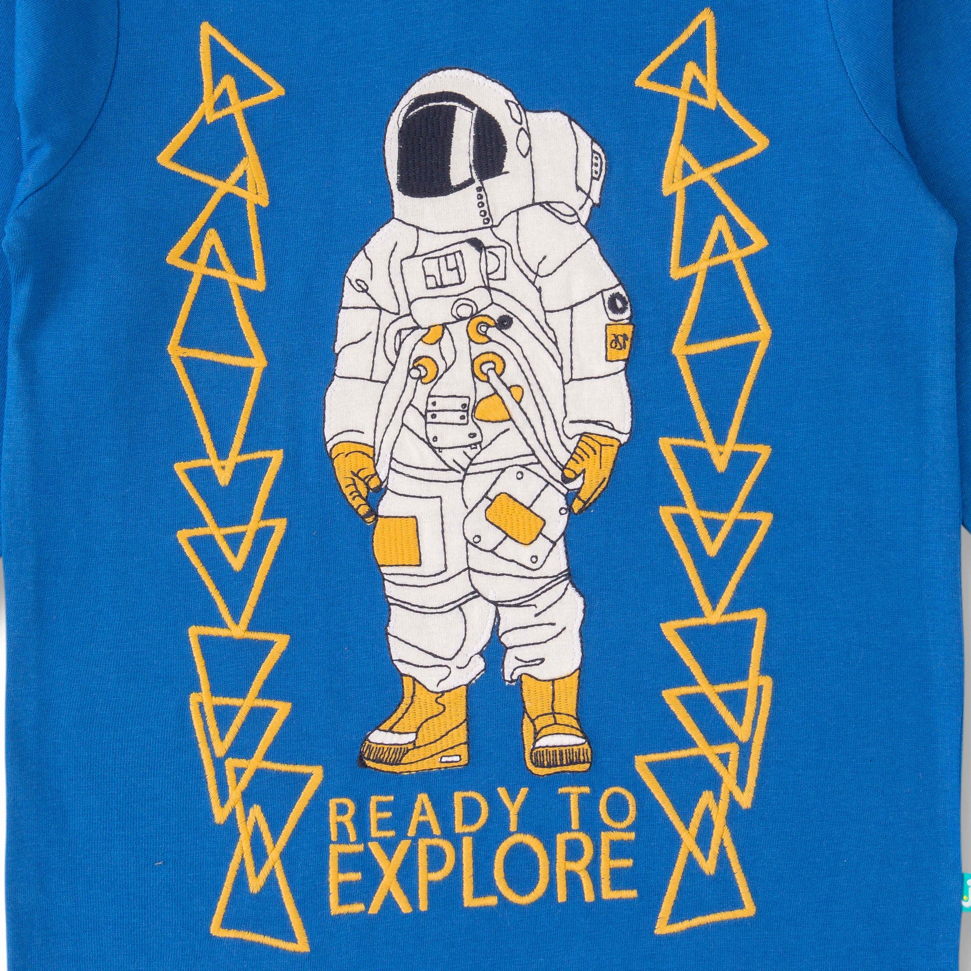 "Baby Boys' Blue Long Sleeve T-Shirt with Astronaut Print – 'Ready to Explore' Theme"