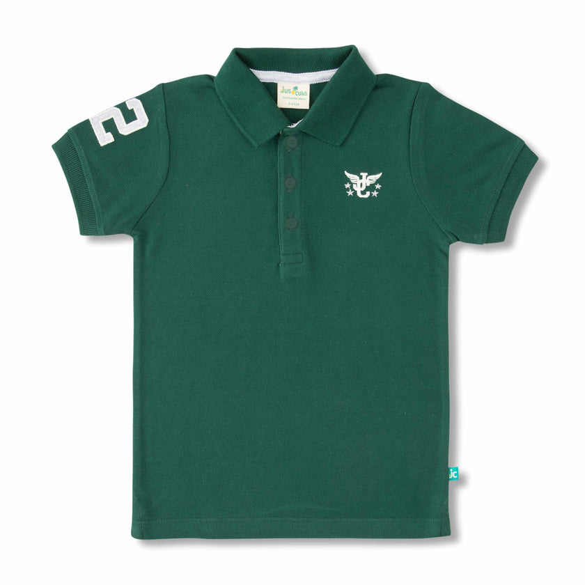 Boys' Dark Green Polo T-Shirt with Embroidered Logo & Sleeve Number Detail