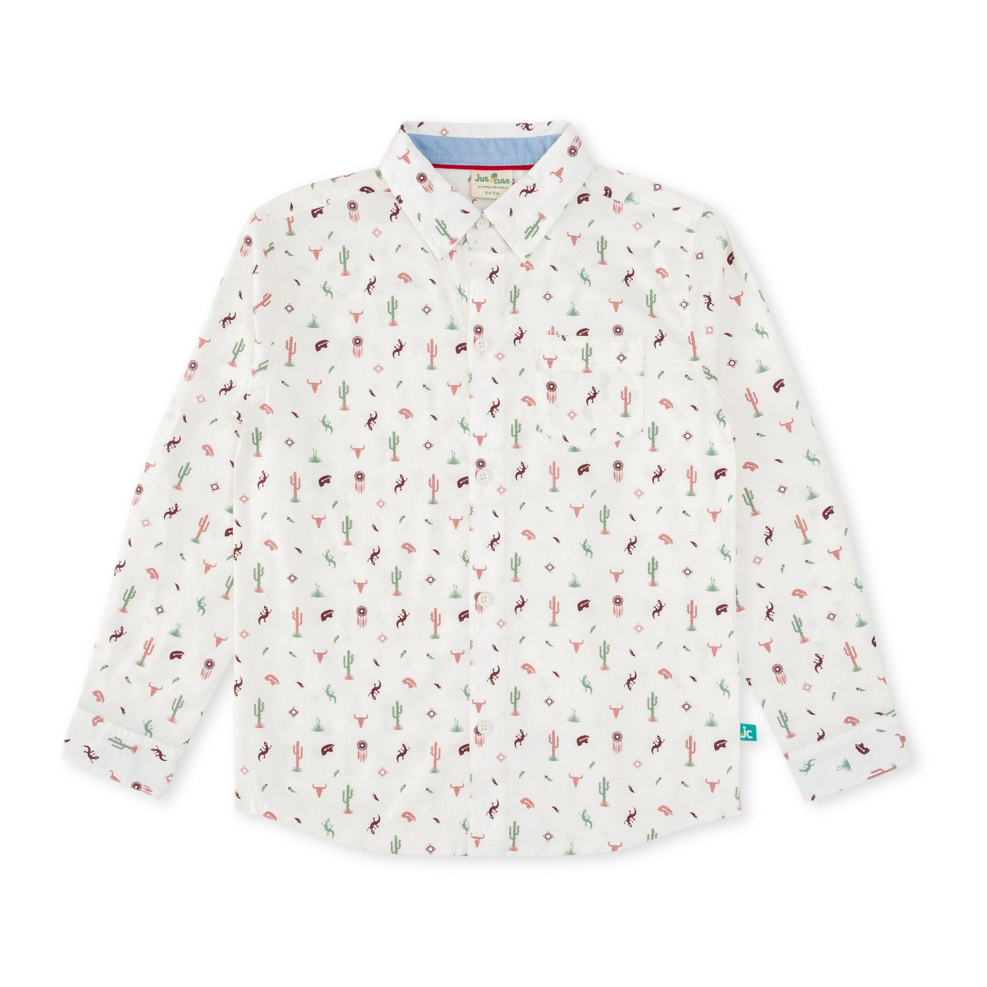 "Boys' White Western-Themed Print Button-Up Shirt"