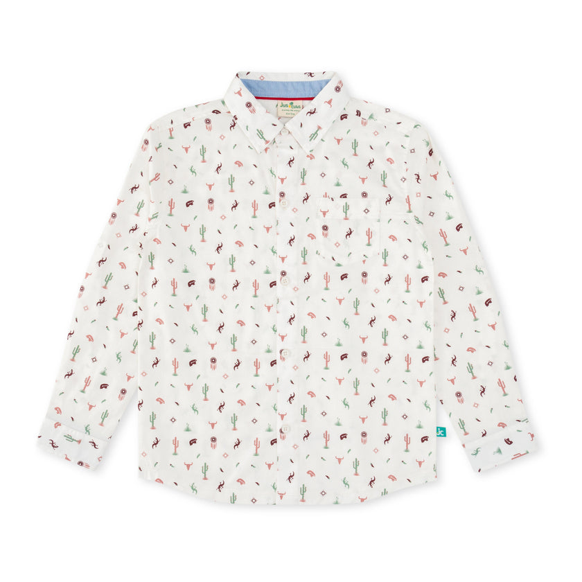 "Boys' White Western-Themed Print Button-Up Shirt"