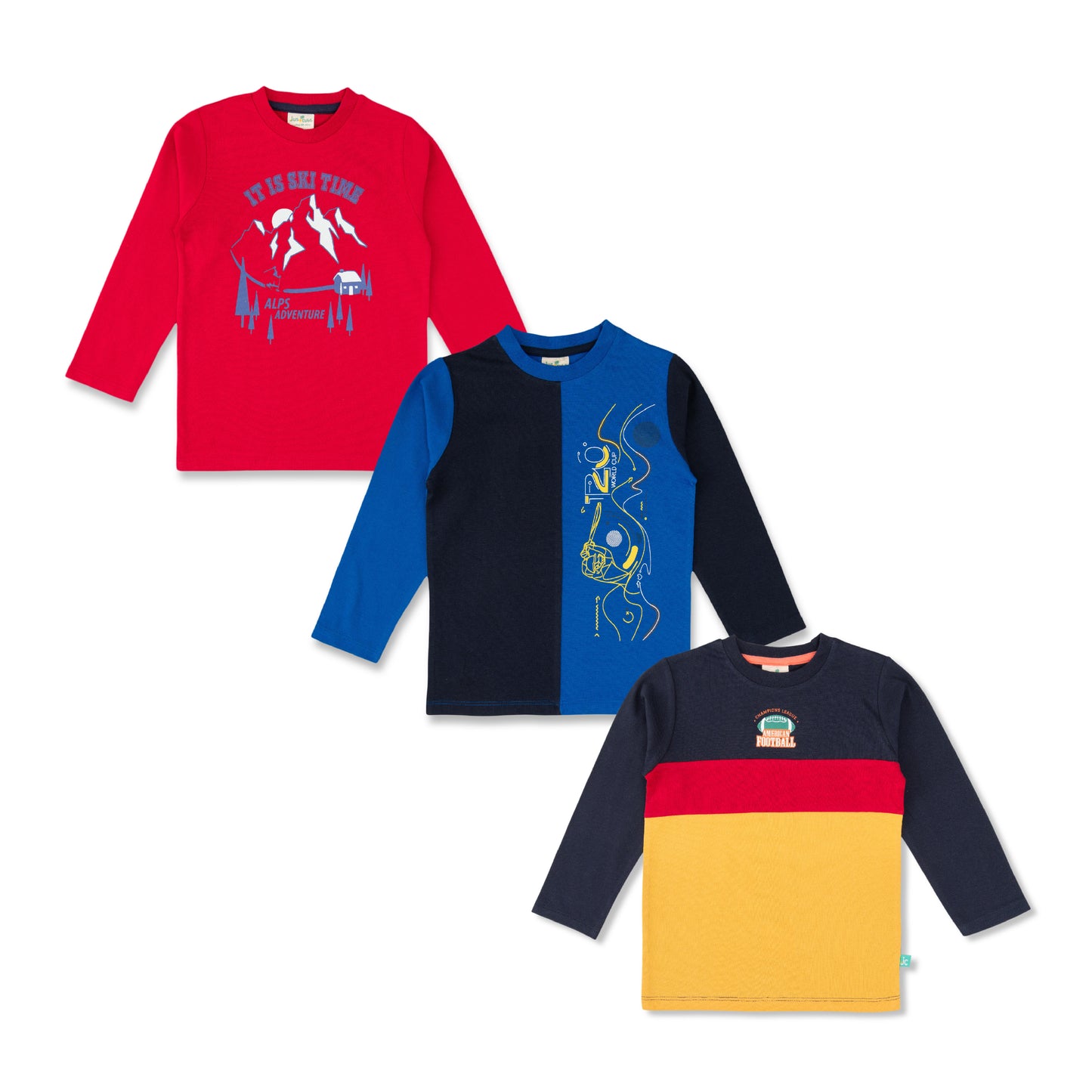 "Boys' Full Sleeve T-Shirt Combo – Pack of 3 (Ski, Sports, and Colorblock Designs)"