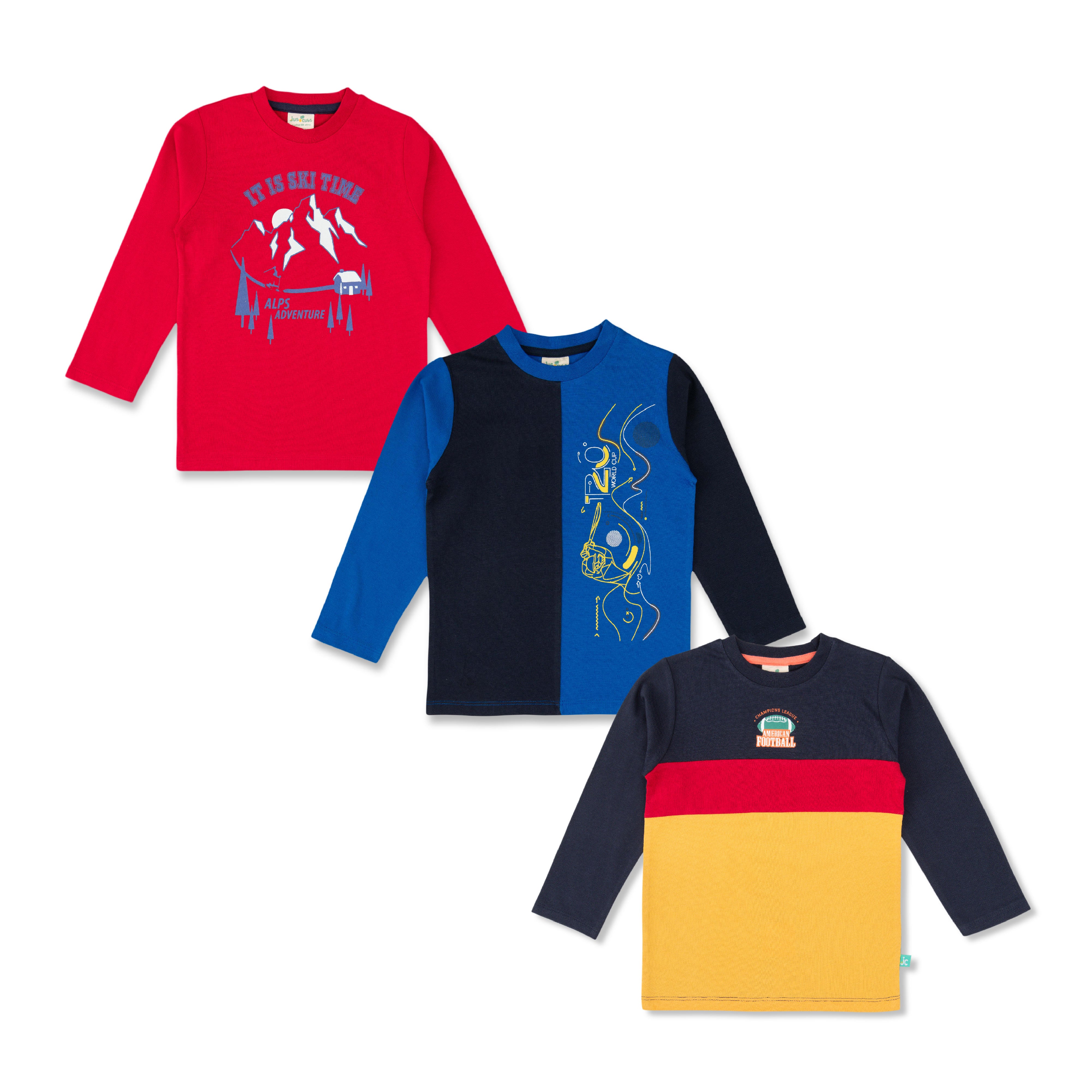 "Boys' Full Sleeve T-Shirt Combo – Pack of 3 (Ski, Sports, and Colorblock Designs)"