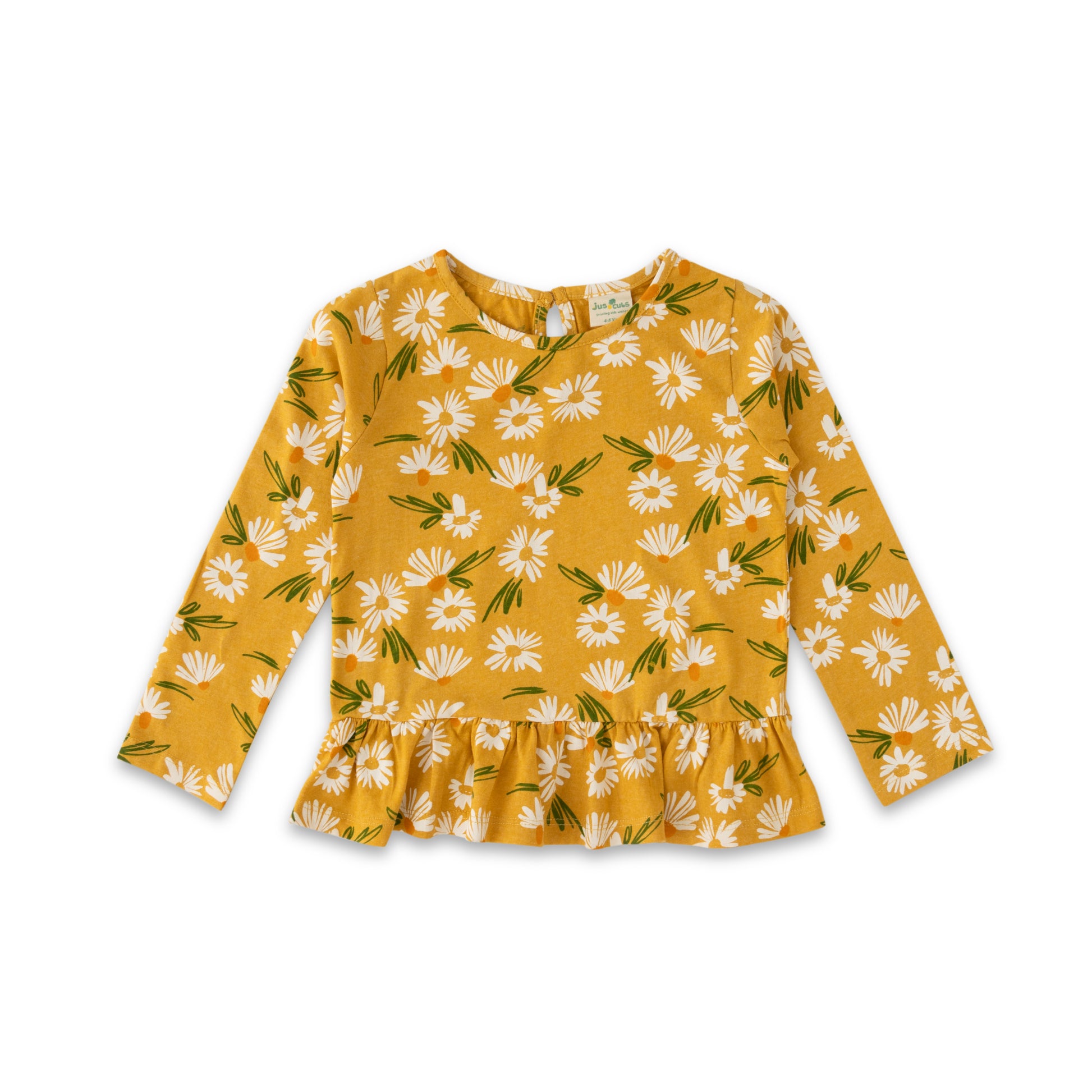Girls' Long Sleeve Peplum Top – Mustard Yellow with White Daisy Print