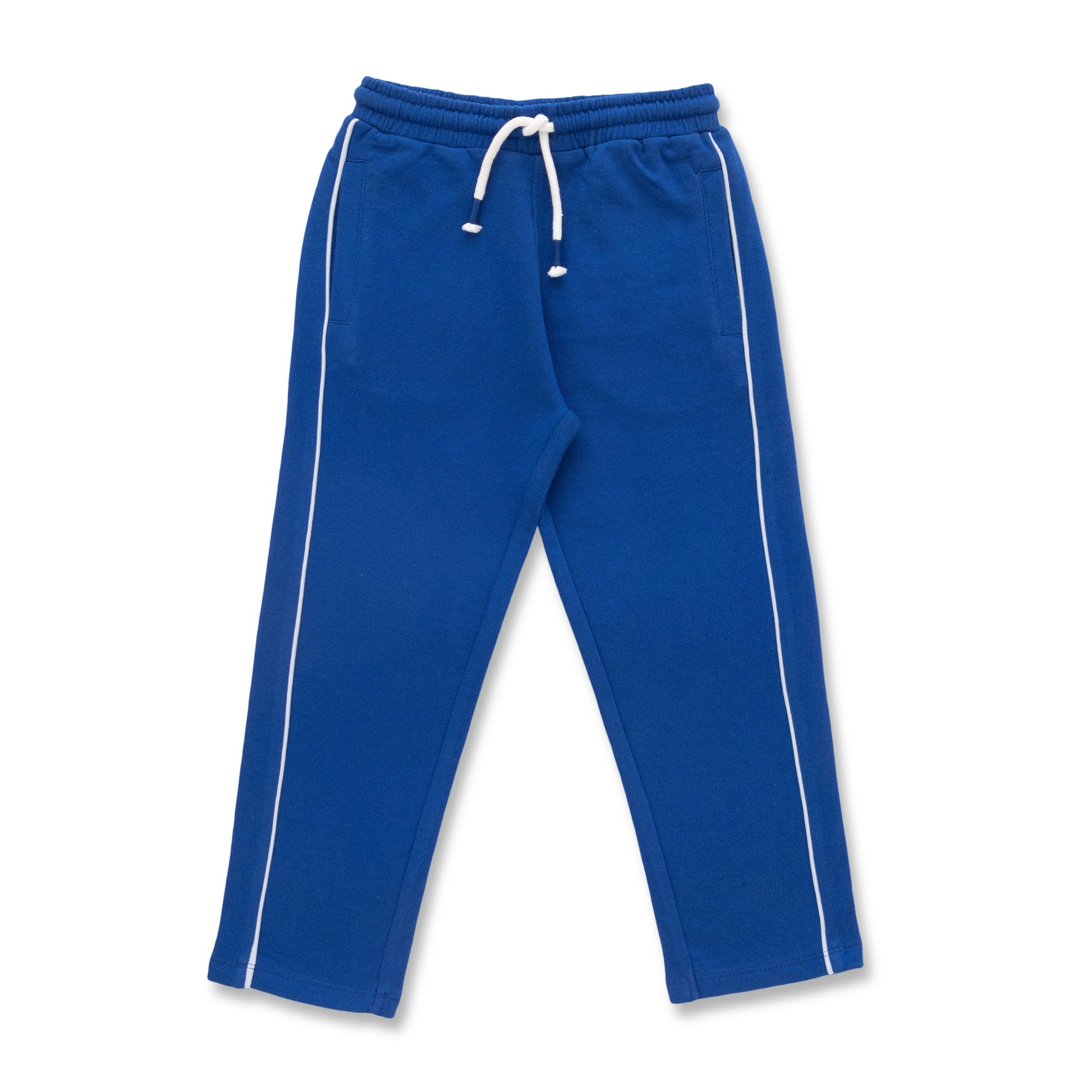 "Boys' Blue Track Pants with Contrast Piping and Drawstring Waist"