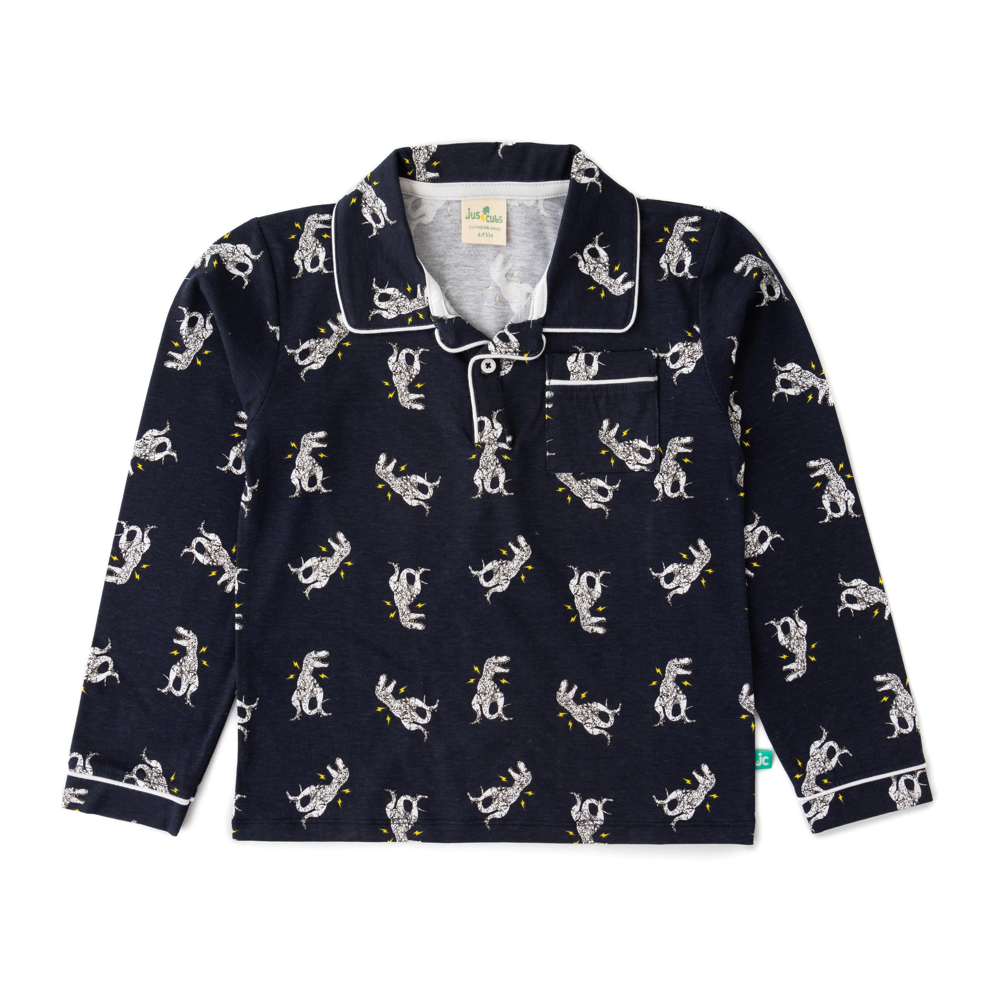 Boys' Navy Blue Animal Print Nightwear Set with Contrast Piping