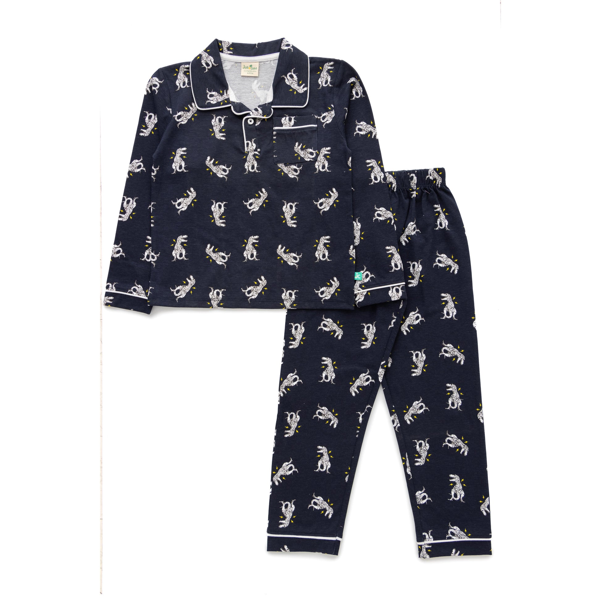 Boys' Navy Blue Animal Print Nightwear Set with Contrast Piping
