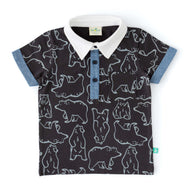 Boys' Bear Print Polo T-Shirt with Contrast Collar
