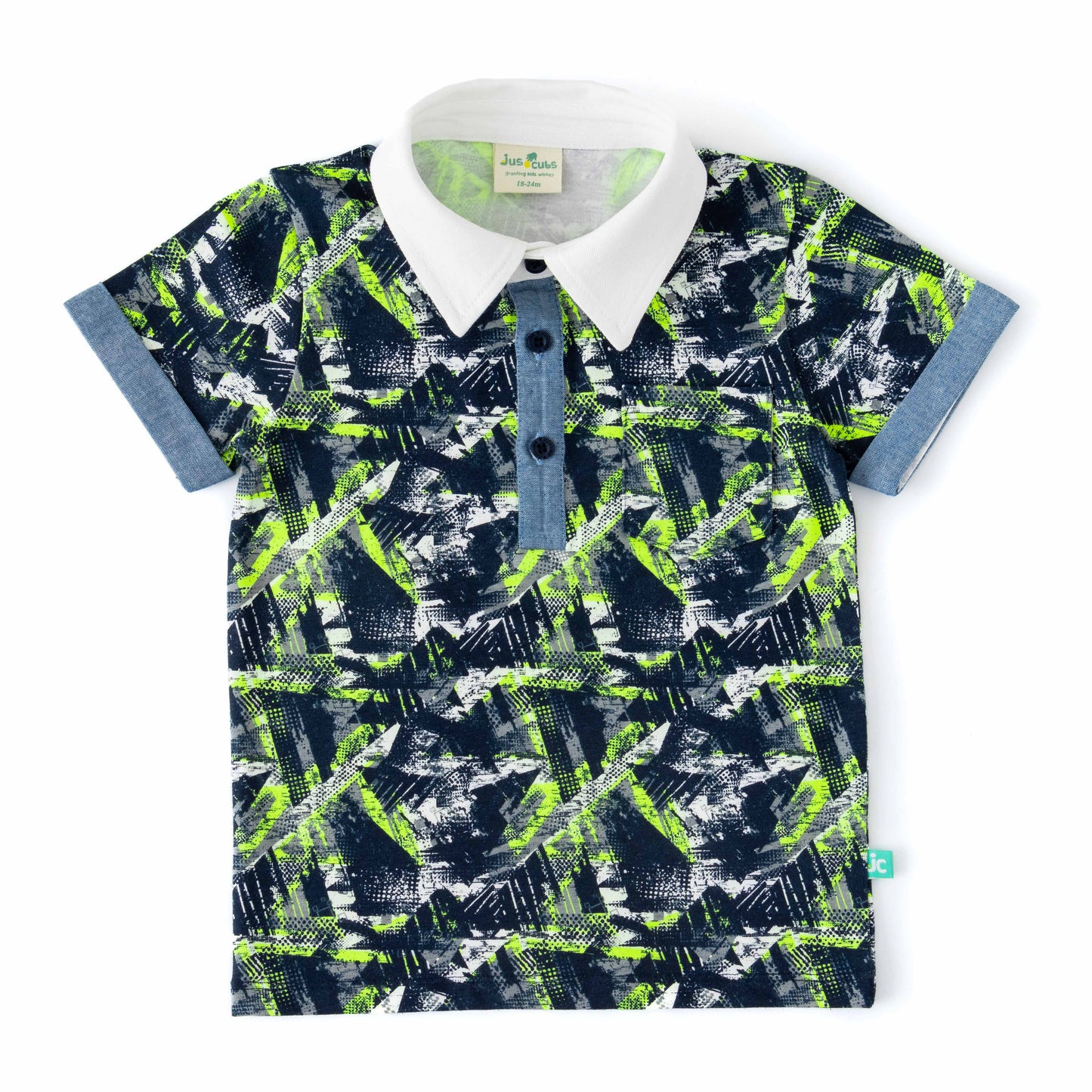 Baby Boys' Navy Blue & Neon Green Abstract Print Polo T-Shirt with Contrast Collar