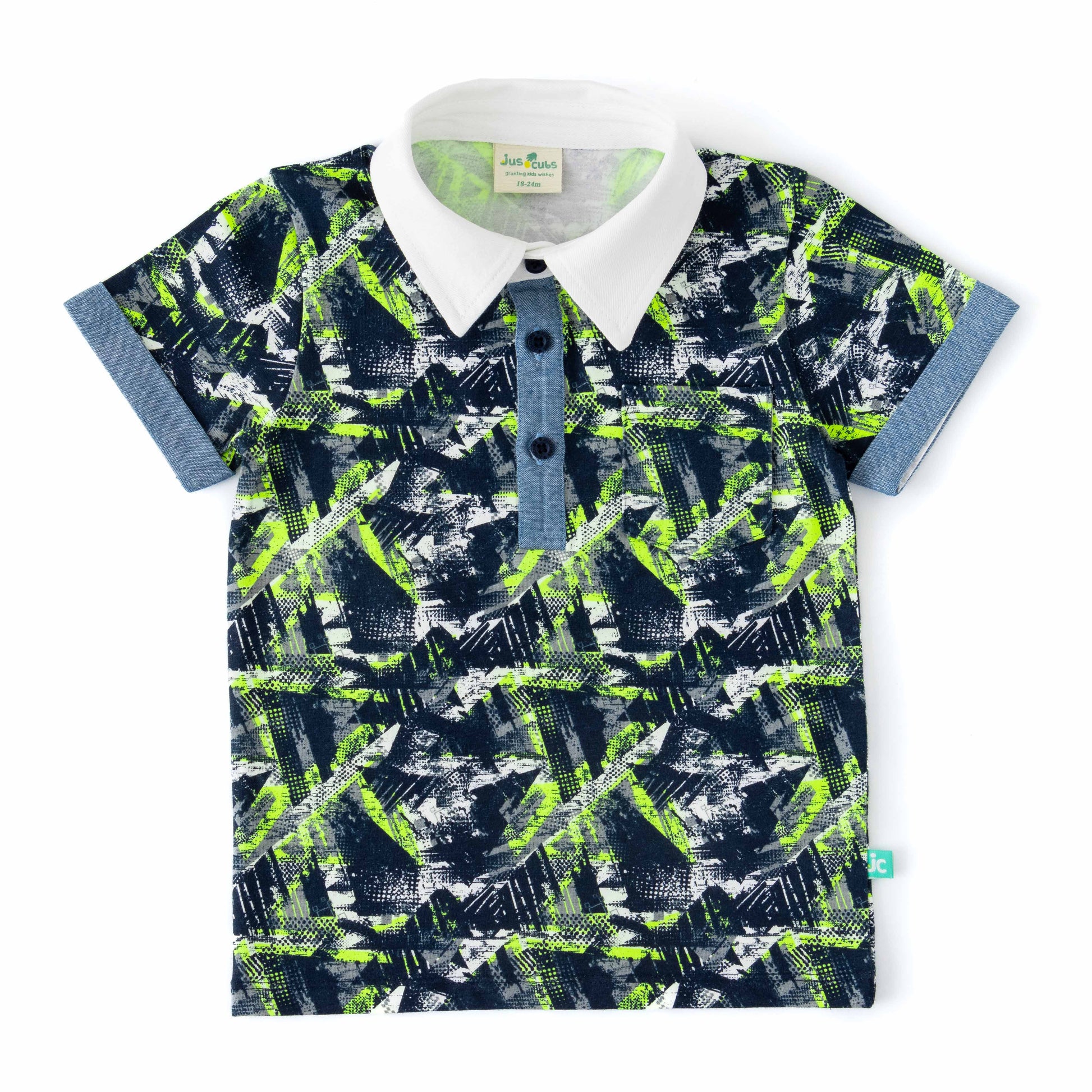 Baby Boys' Navy Blue & Neon Green Abstract Print Polo T-Shirt with Contrast Collar