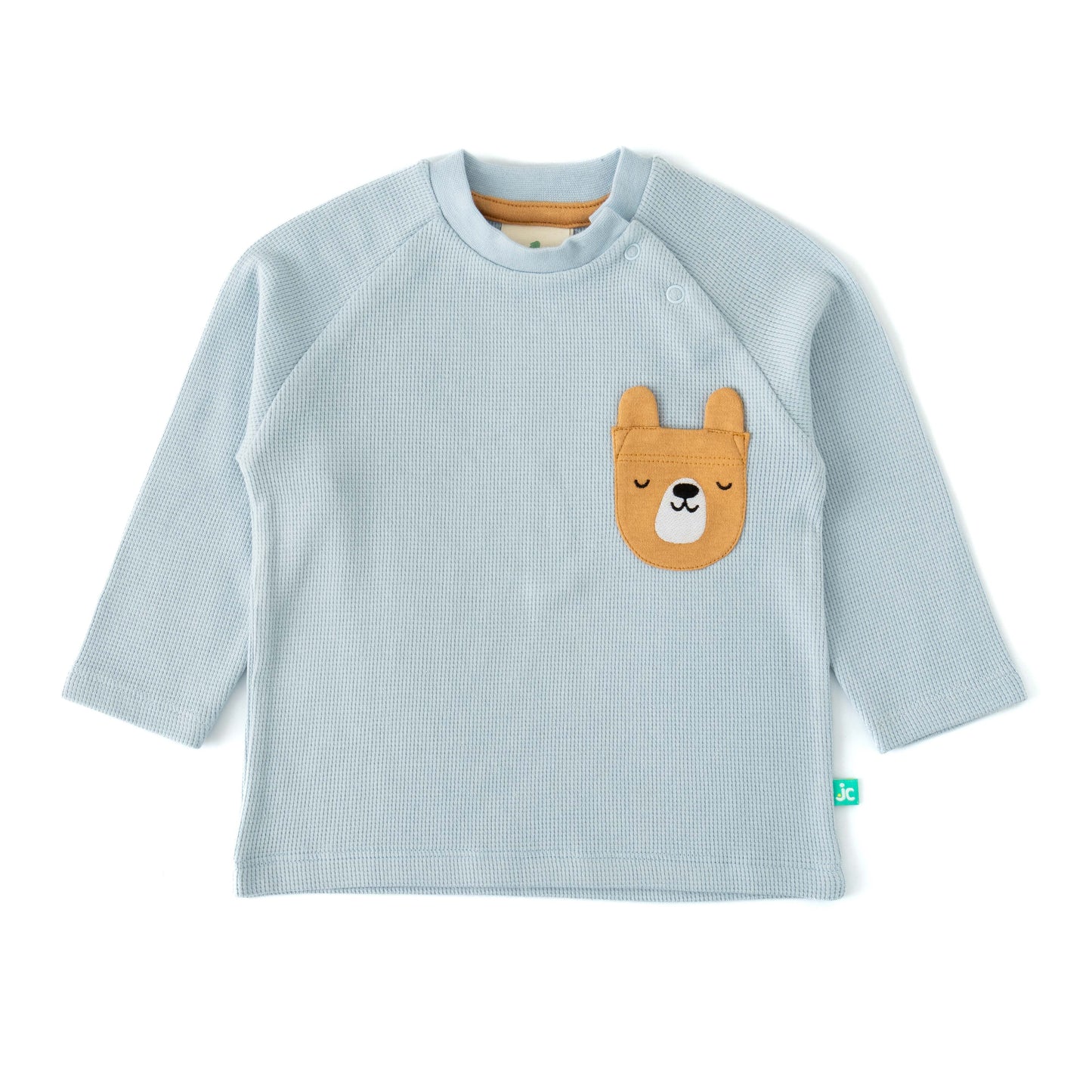 Baby Boys' Blue Waffle Knit Long Sleeve T-Shirt with Cute Bear Pocket Detail