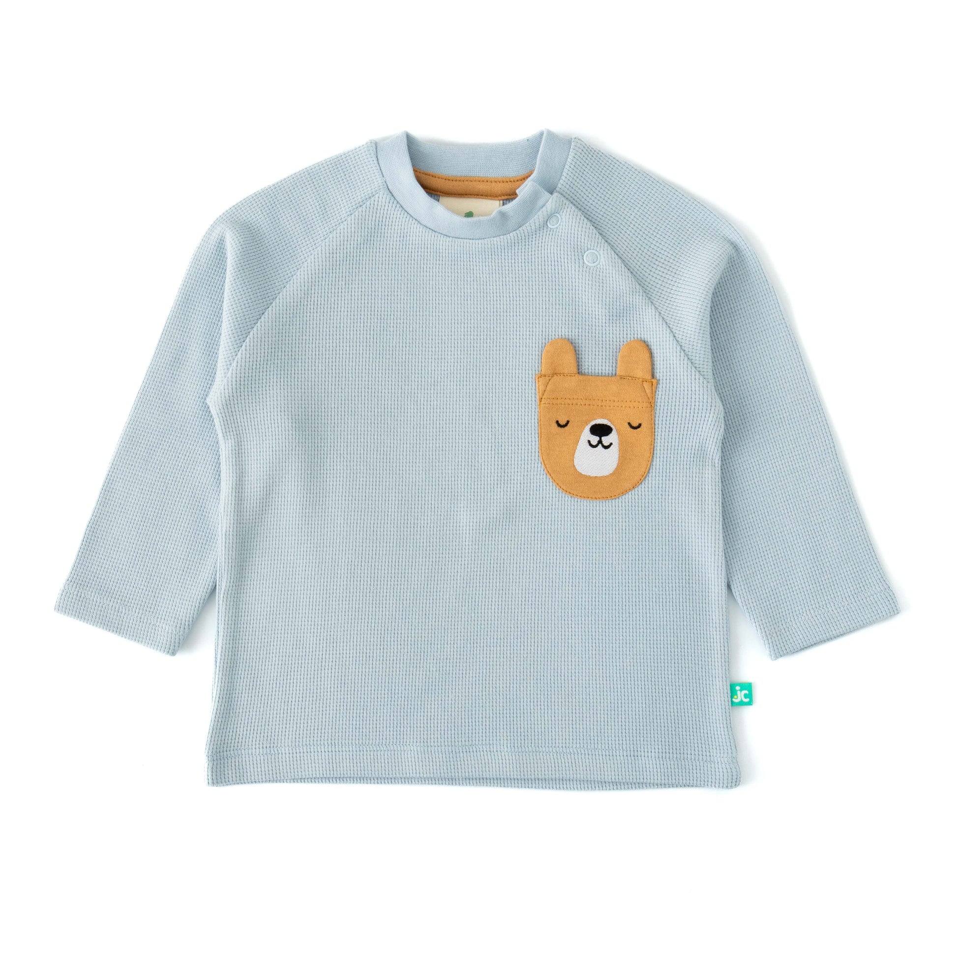 Baby Boys' Blue Waffle Knit Long Sleeve T-Shirt with Cute Bear Pocket Detail