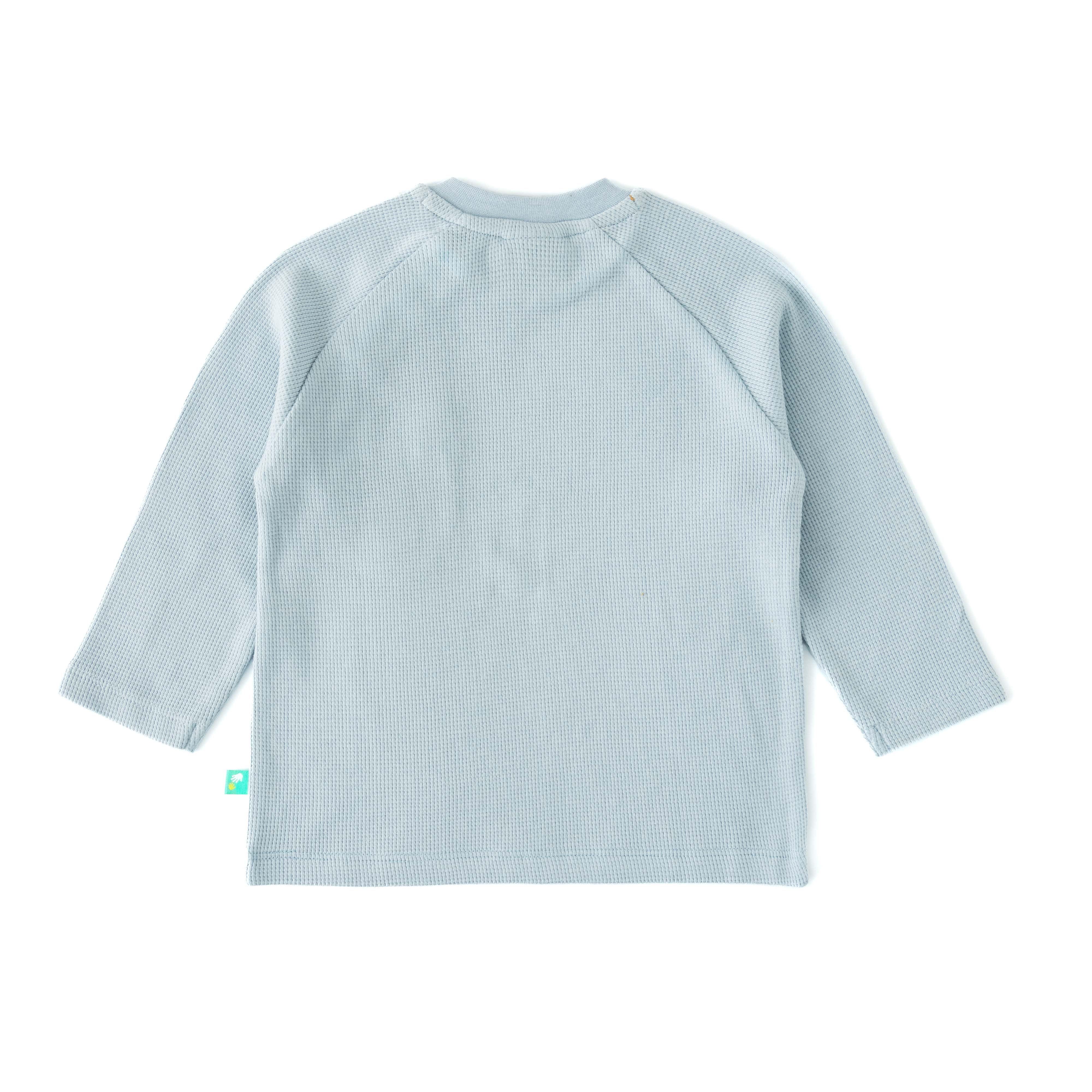 Baby Boys' Blue Waffle Knit Long Sleeve T-Shirt with Cute Bear Pocket Detail