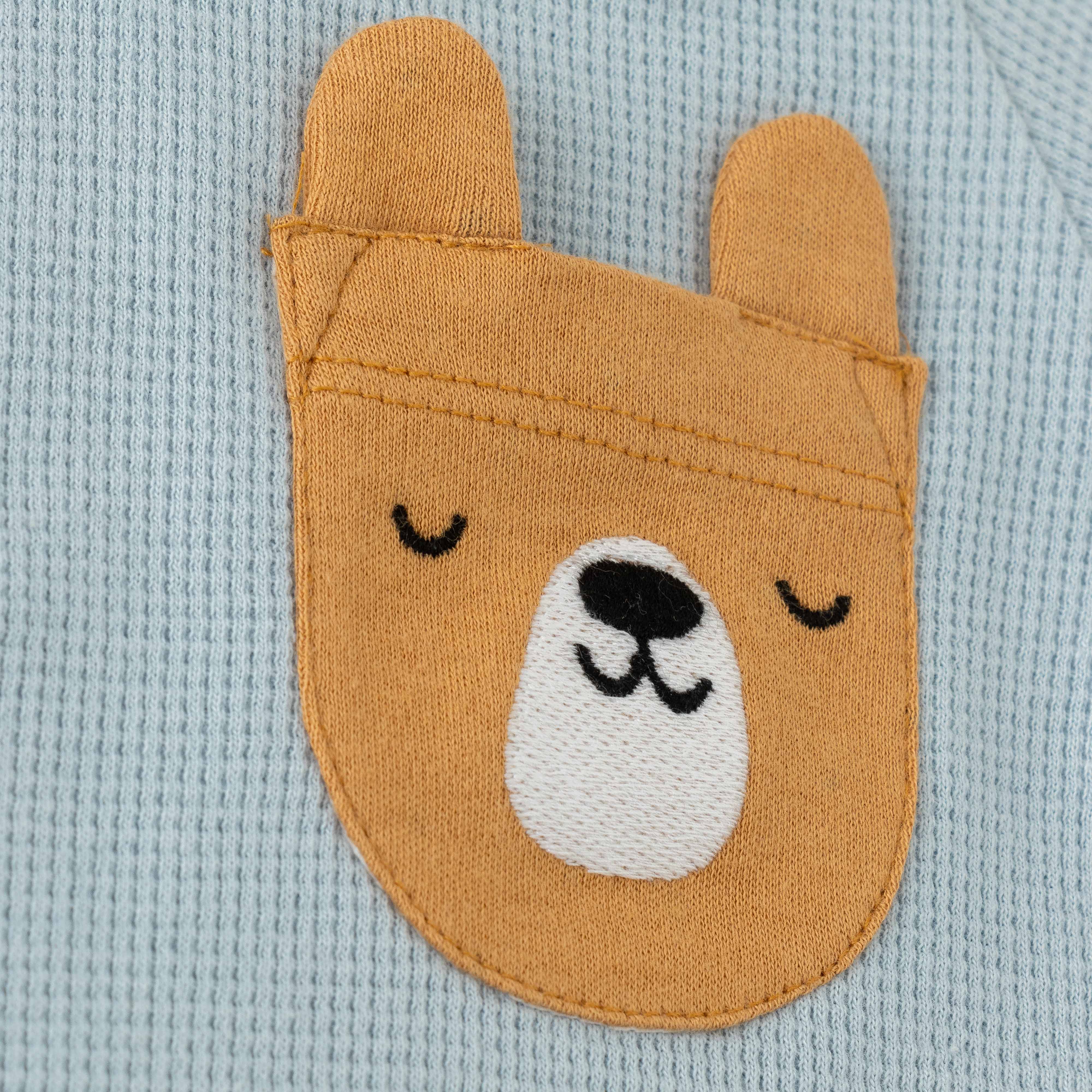 Baby Boys' Blue Waffle Knit Long Sleeve T-Shirt with Cute Bear Pocket Detail