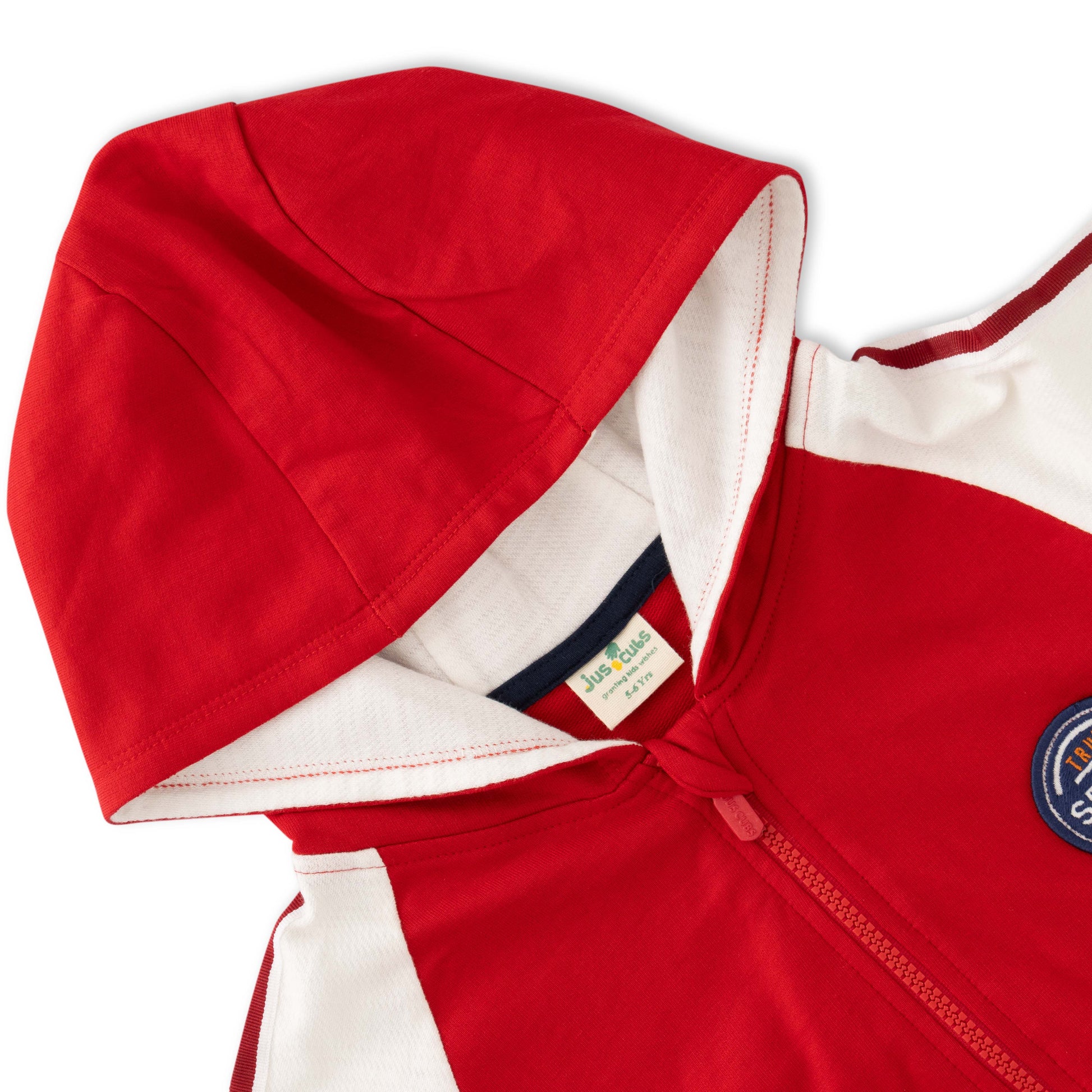 Boys' Sporty Zip-Up Hoodie - Red & White with Patch Detail