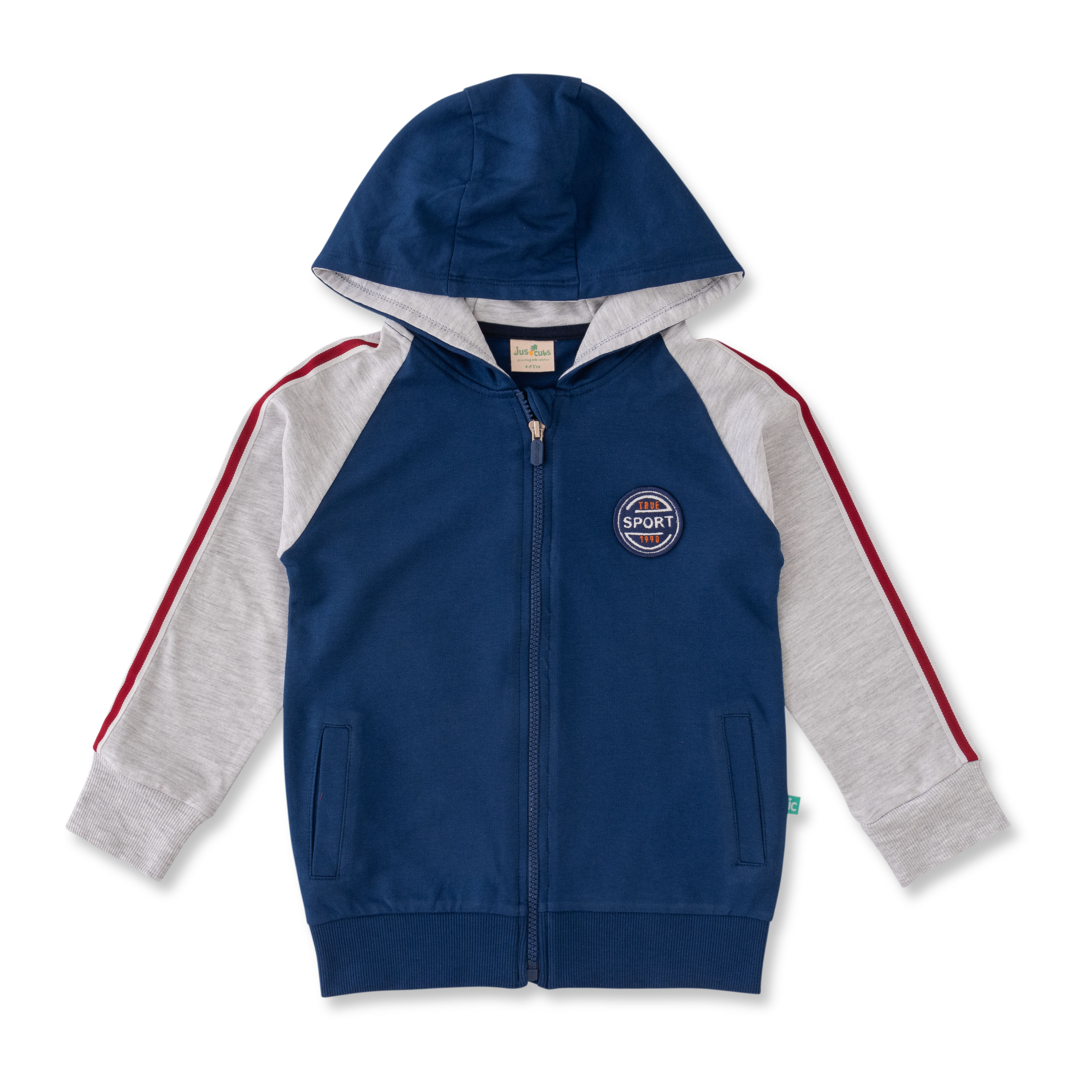Kids' Sporty Zip-Up Hoodie - Navy & Grey with Patch Detail
