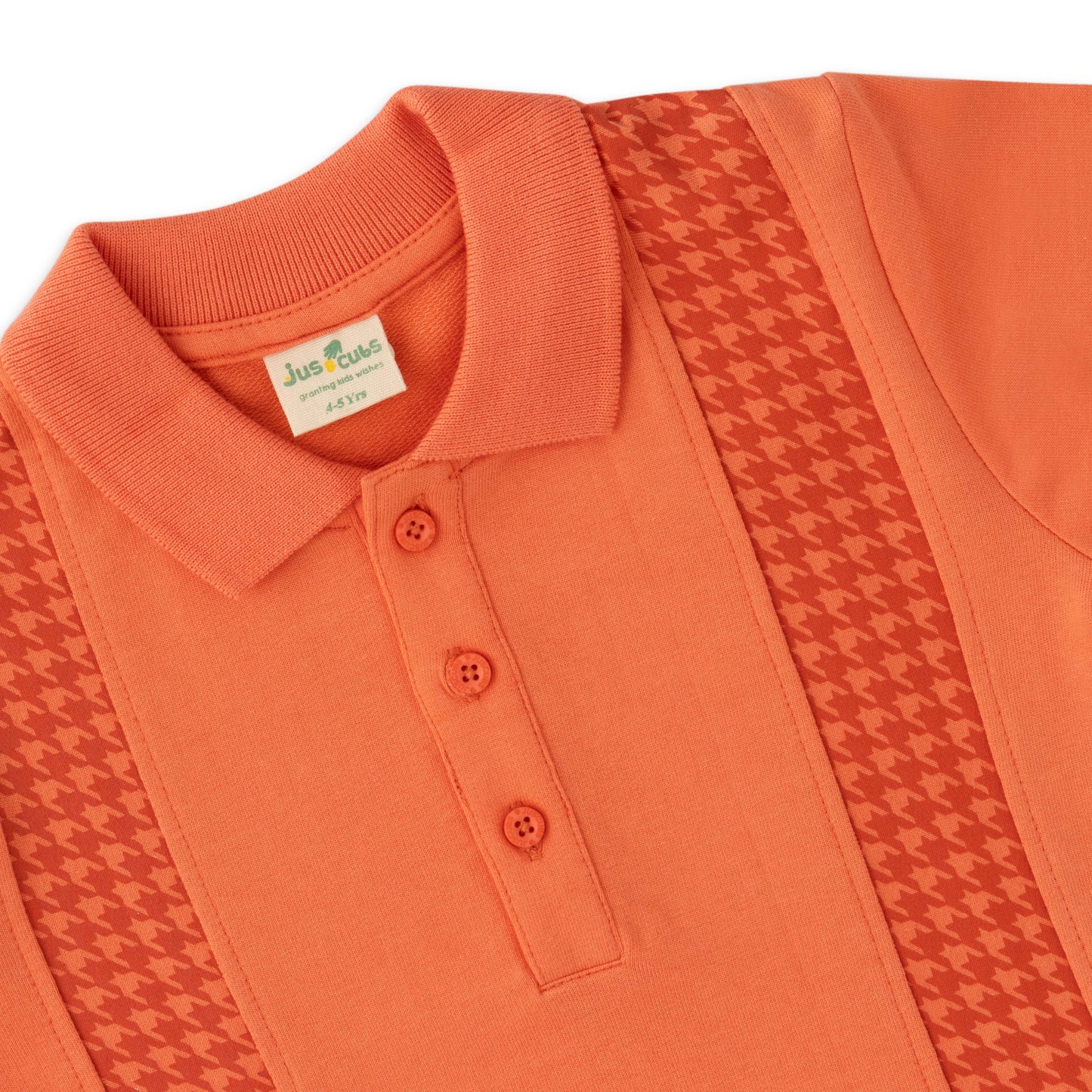 Boys' Orange Long Sleeve Polo Shirt with Houndstooth Panel Design"