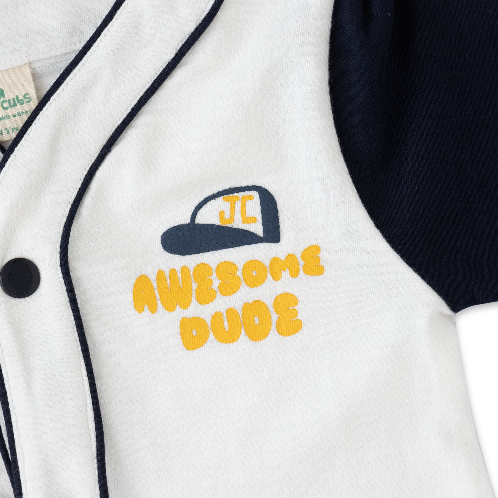 Juscubs Baseball Style Button-Up Jacket - White & Navy "Awesome Dude"