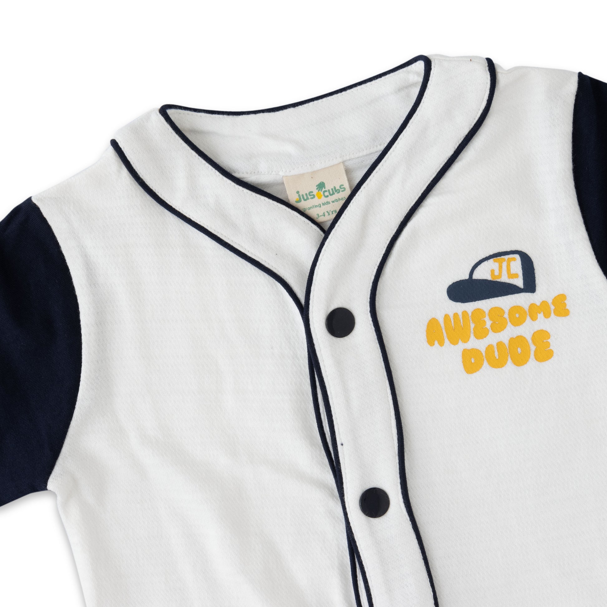 Juscubs Baseball Style Button-Up Jacket - White & Navy "Awesome Dude"