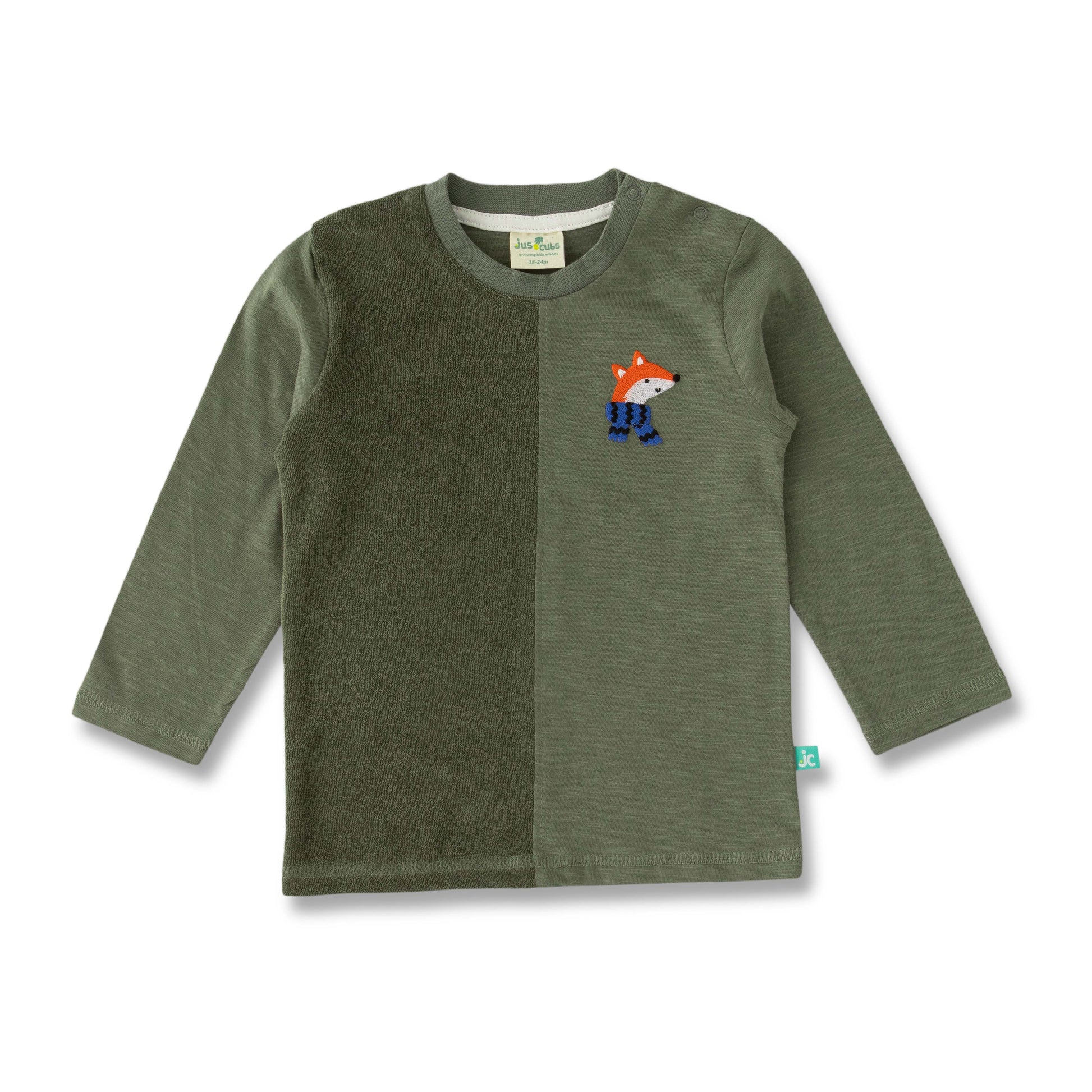 Boys' Olive Green Panel T-Shirt with Fox Embroidery