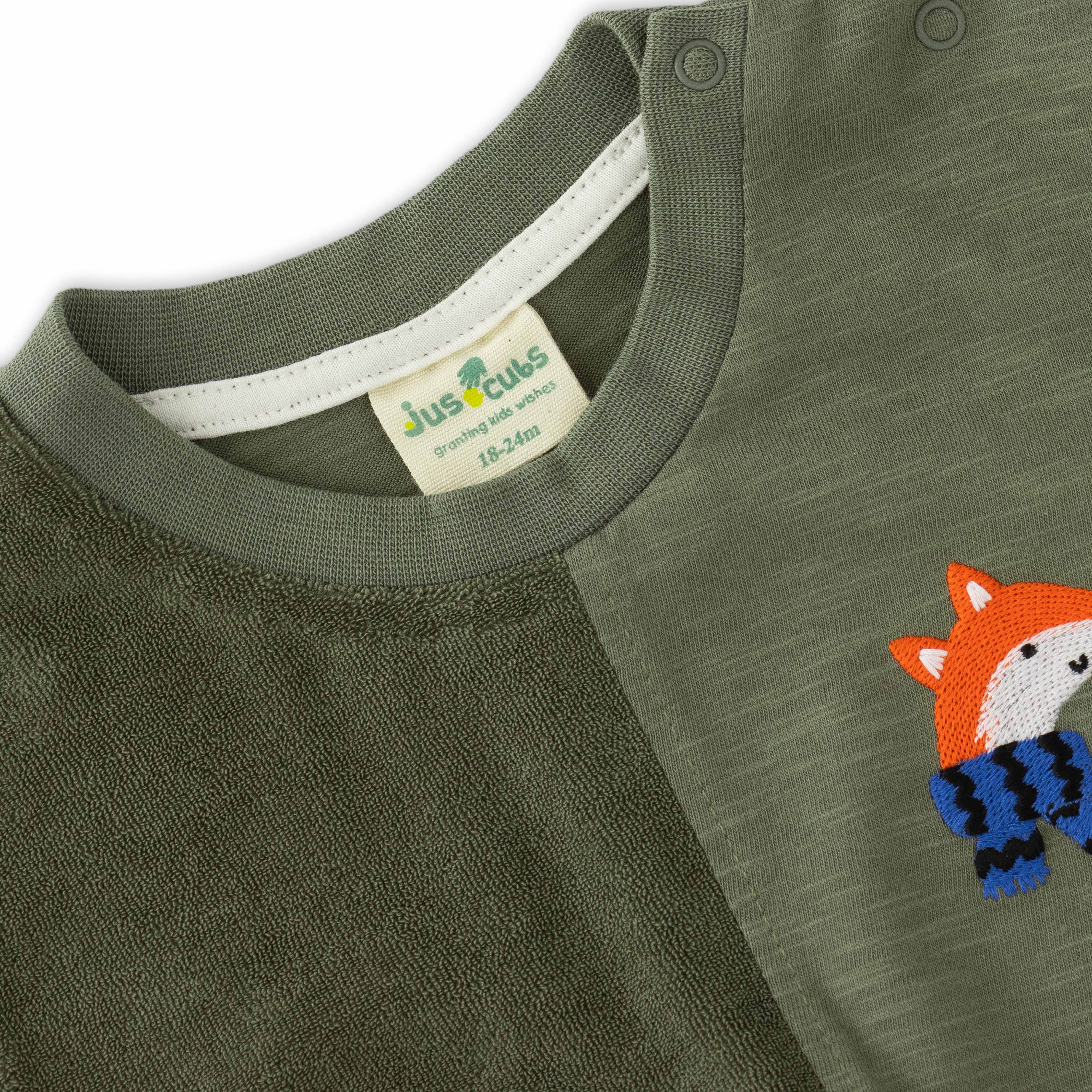 Boys' Olive Green Panel T-Shirt with Fox Embroidery
