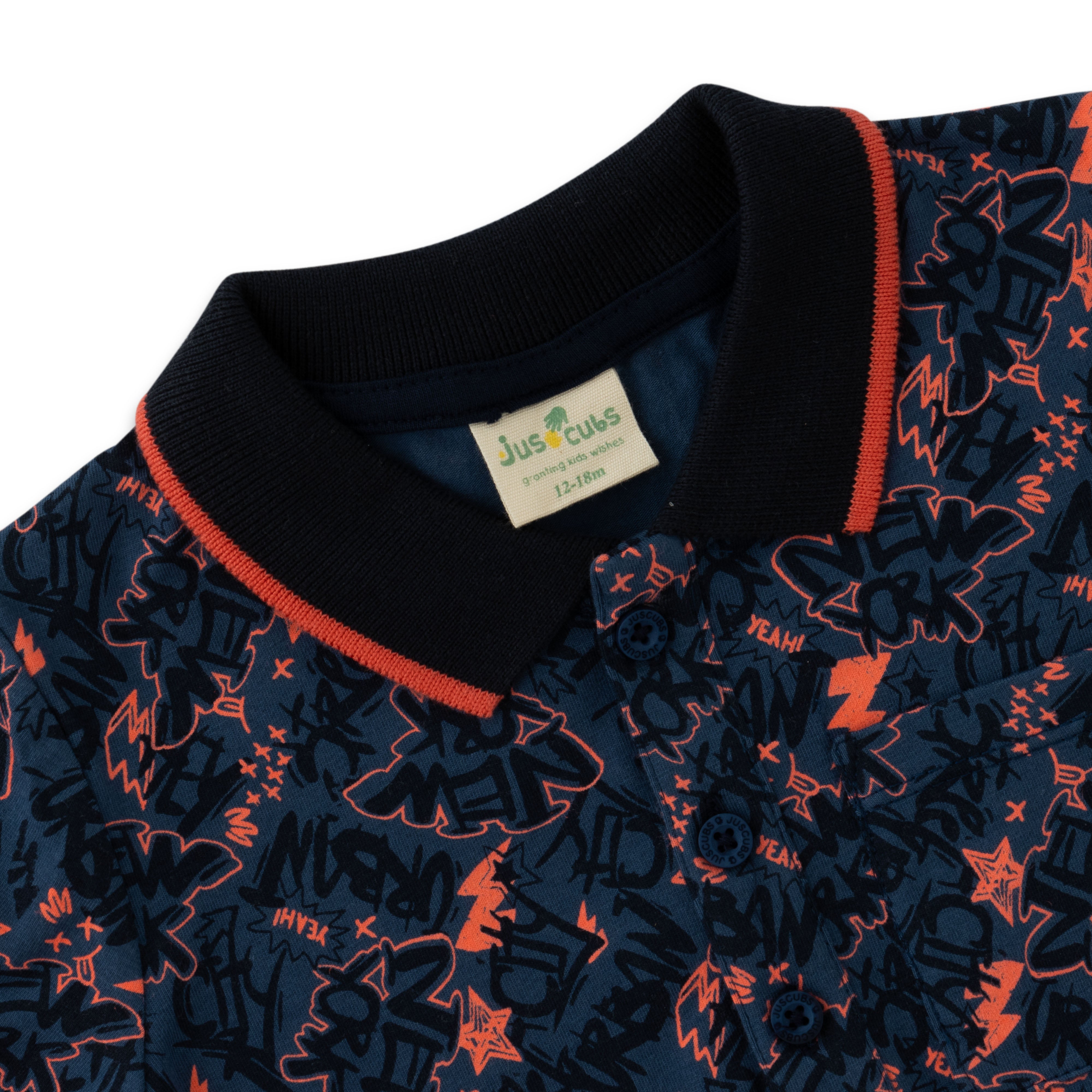 Boys' Navy Blue Graphic Print Polo T-Shirt with Contrast Collar