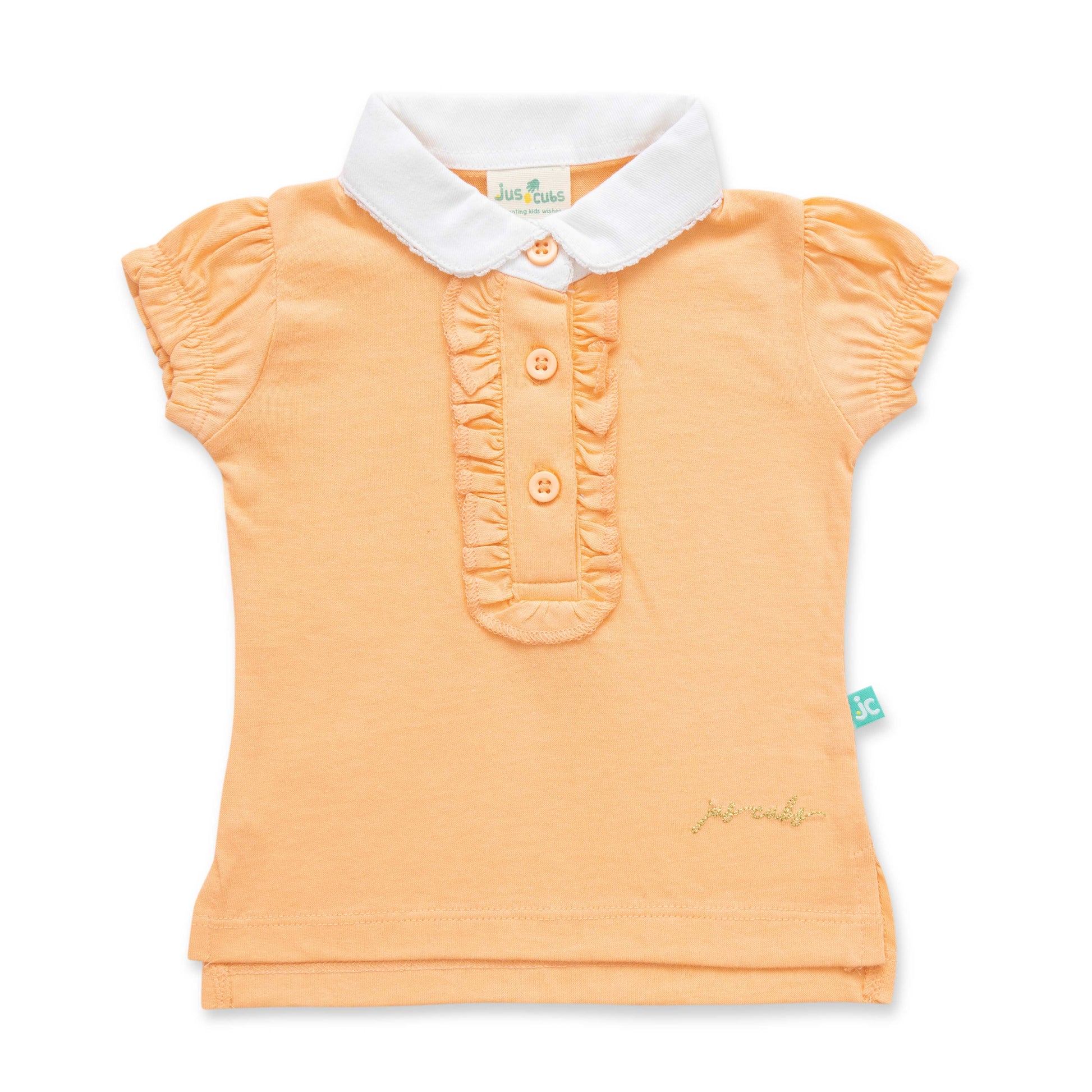 "Girls' Orange Polo T-Shirt with Ruffled Button Placket & White Collar"