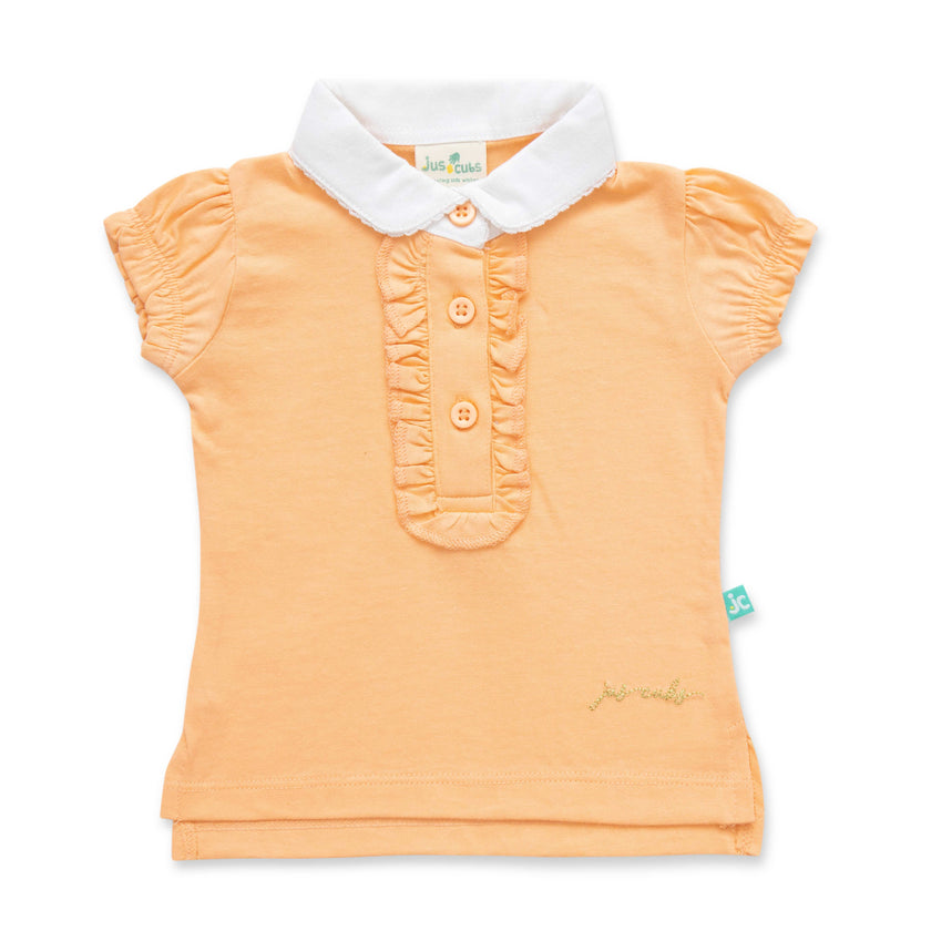 "Girls' Orange Polo T-Shirt with Ruffled Button Placket & White Collar"