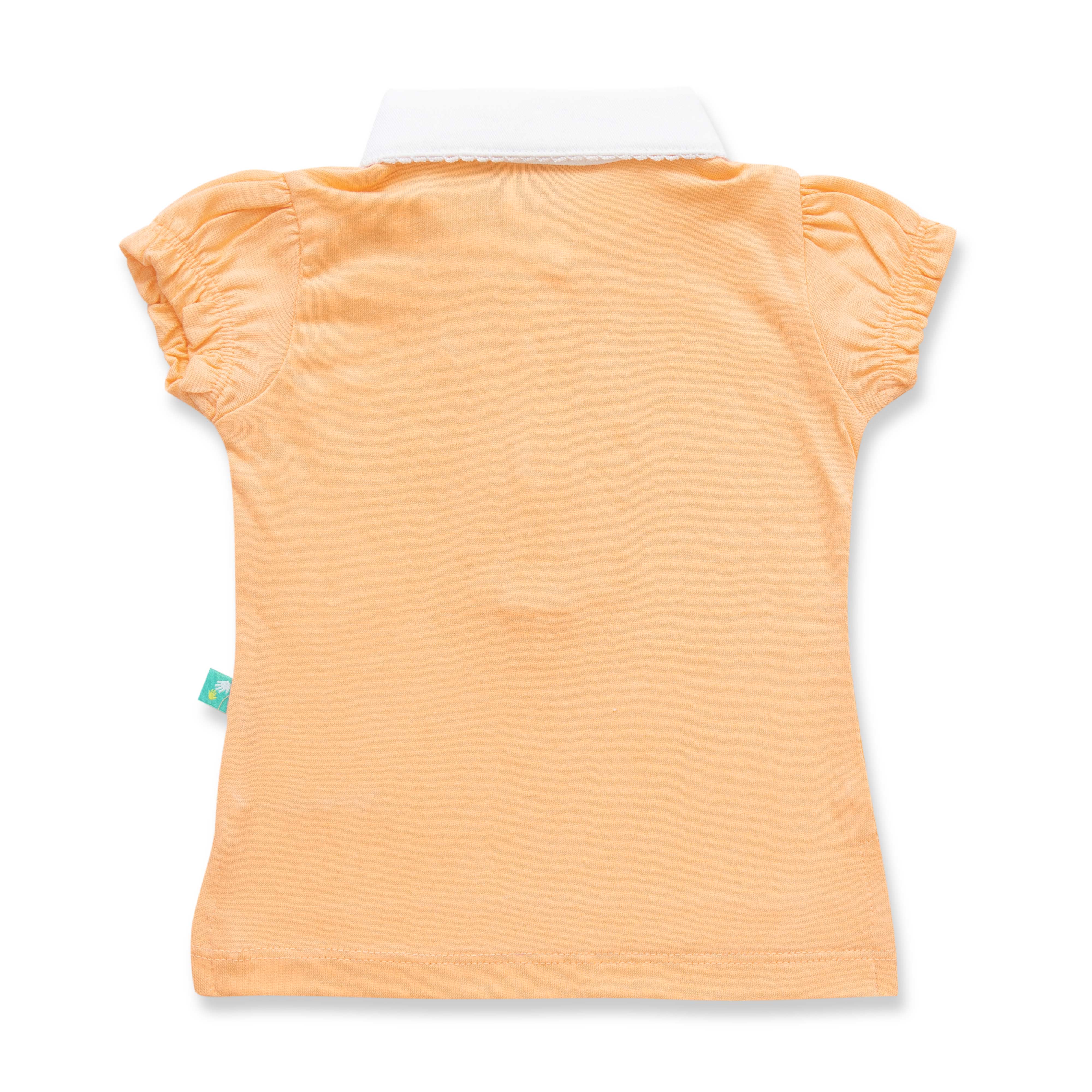 "Girls' Orange Polo T-Shirt with Ruffled Button Placket & White Collar"