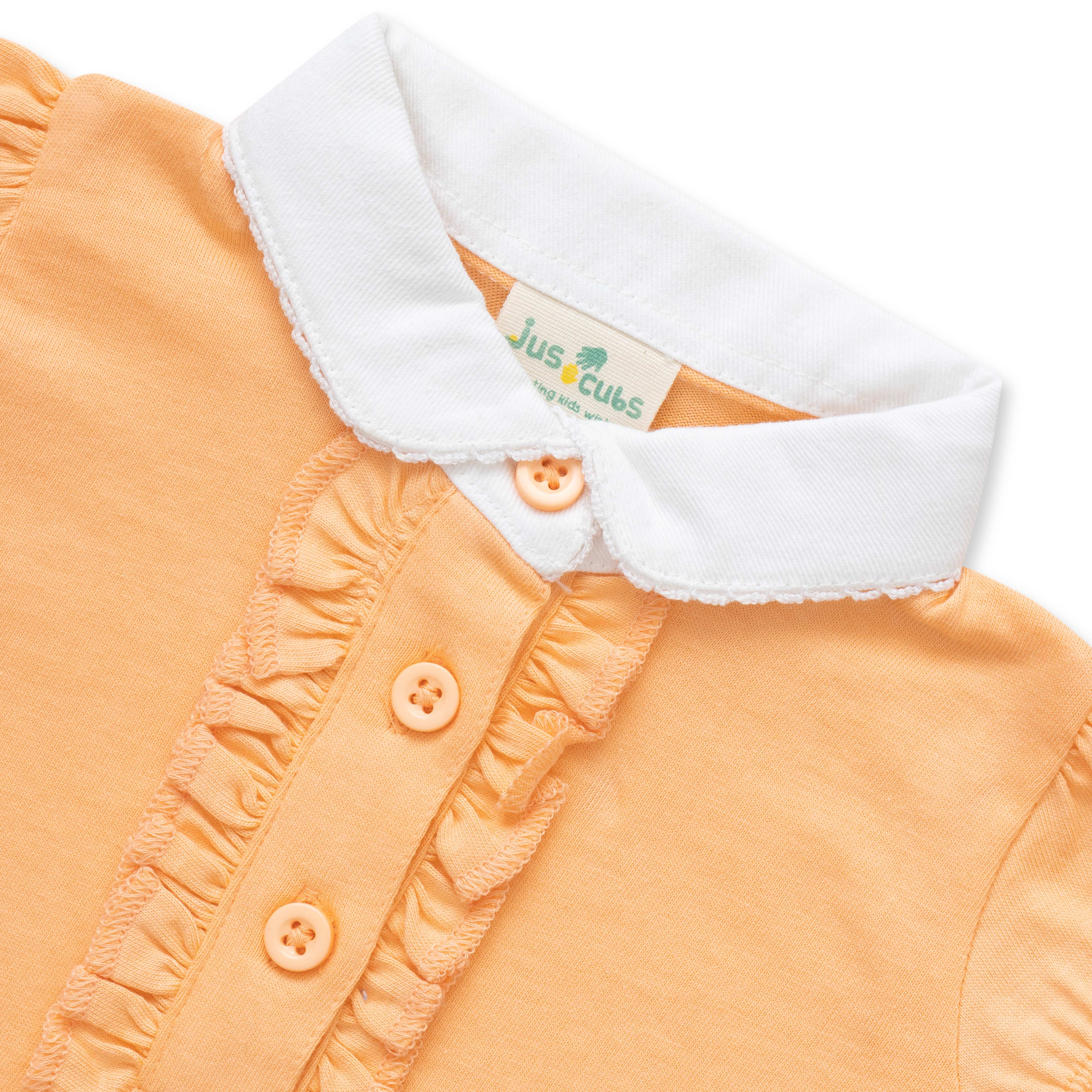 "Girls' Orange Polo T-Shirt with Ruffled Button Placket & White Collar"