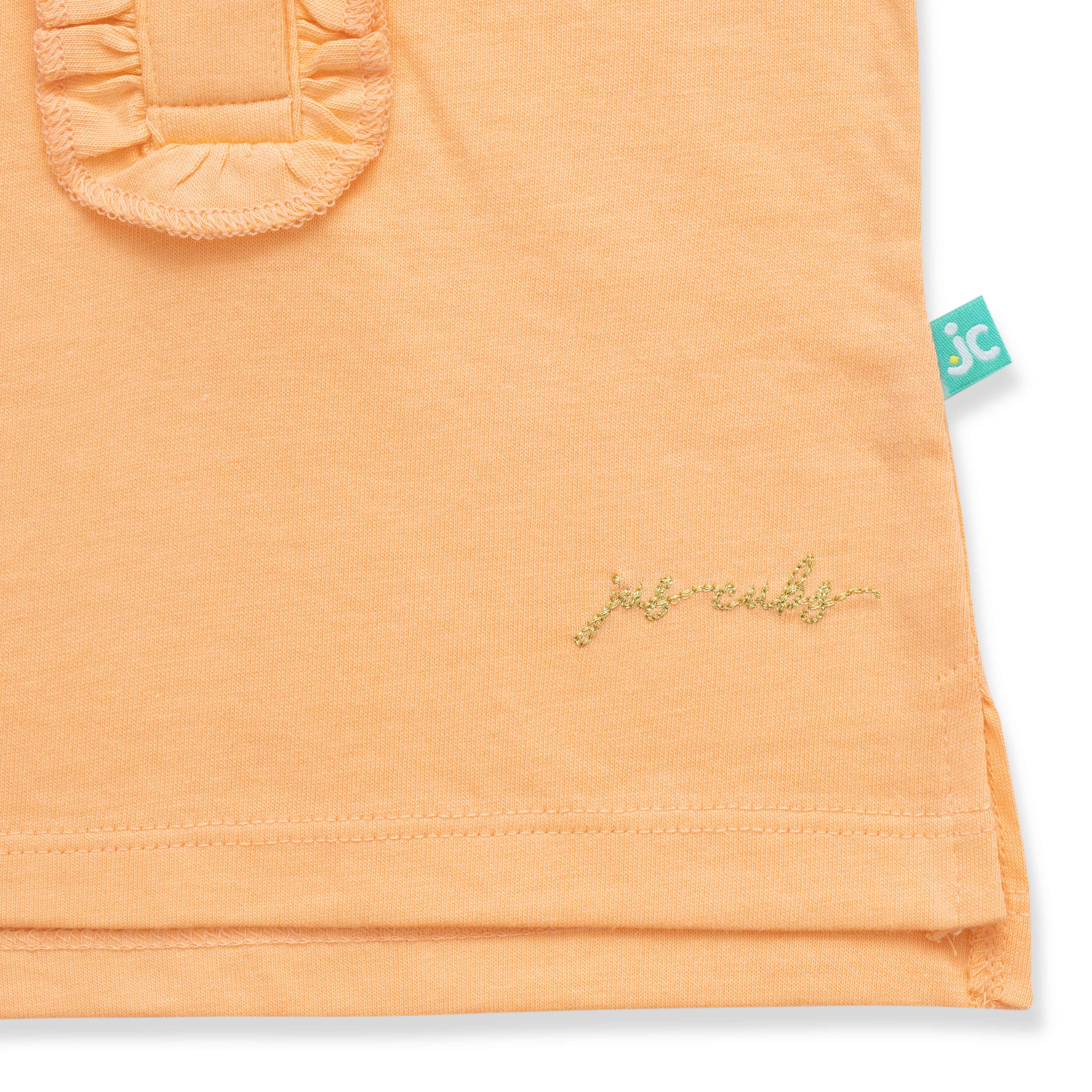 "Girls' Orange Polo T-Shirt with Ruffled Button Placket & White Collar"