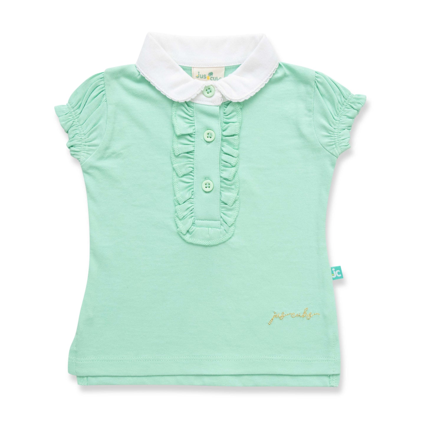 "Girls' Mint Green Polo T-Shirt with Ruffled Button Placket & White Collar"