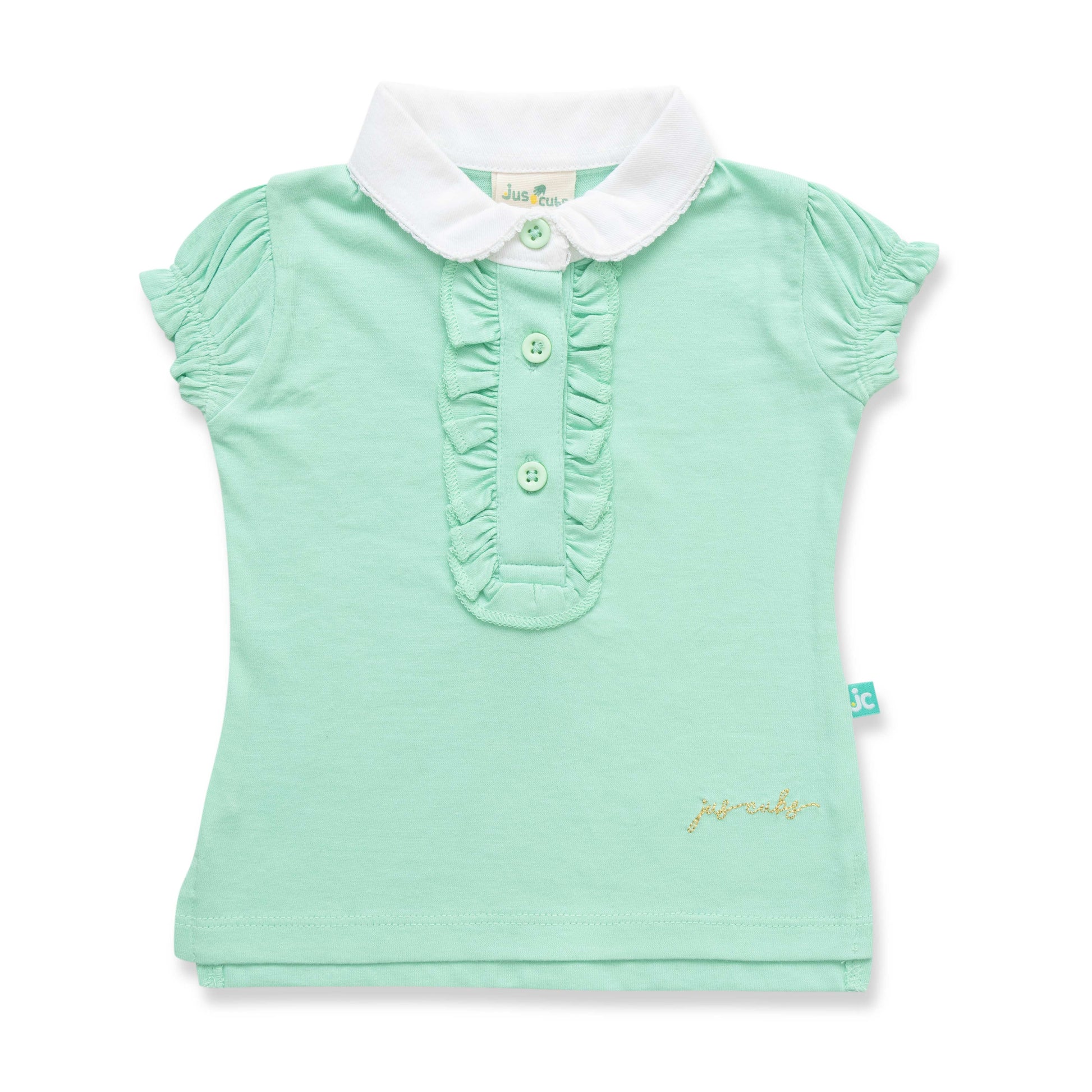 "Girls' Mint Green Polo T-Shirt with Ruffled Button Placket & White Collar"