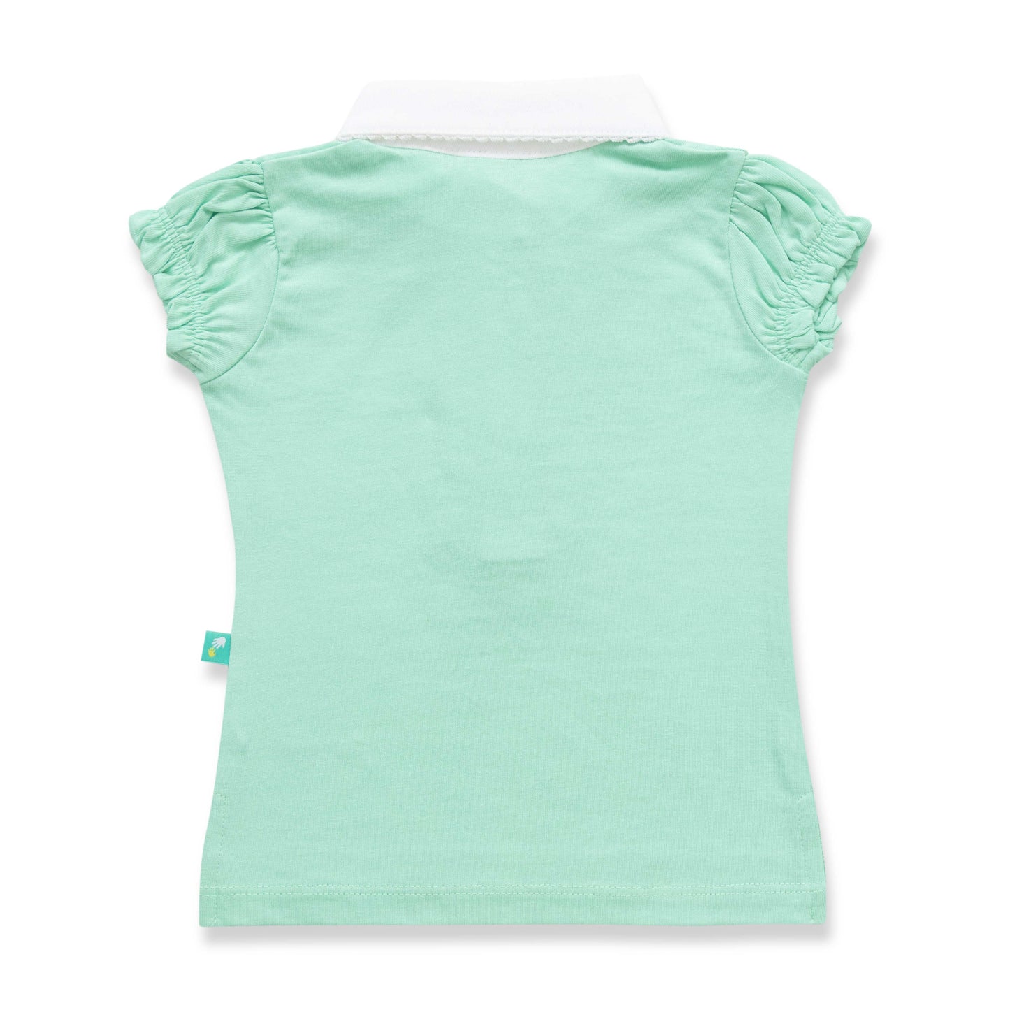 "Girls' Mint Green Polo T-Shirt with Ruffled Button Placket & White Collar"