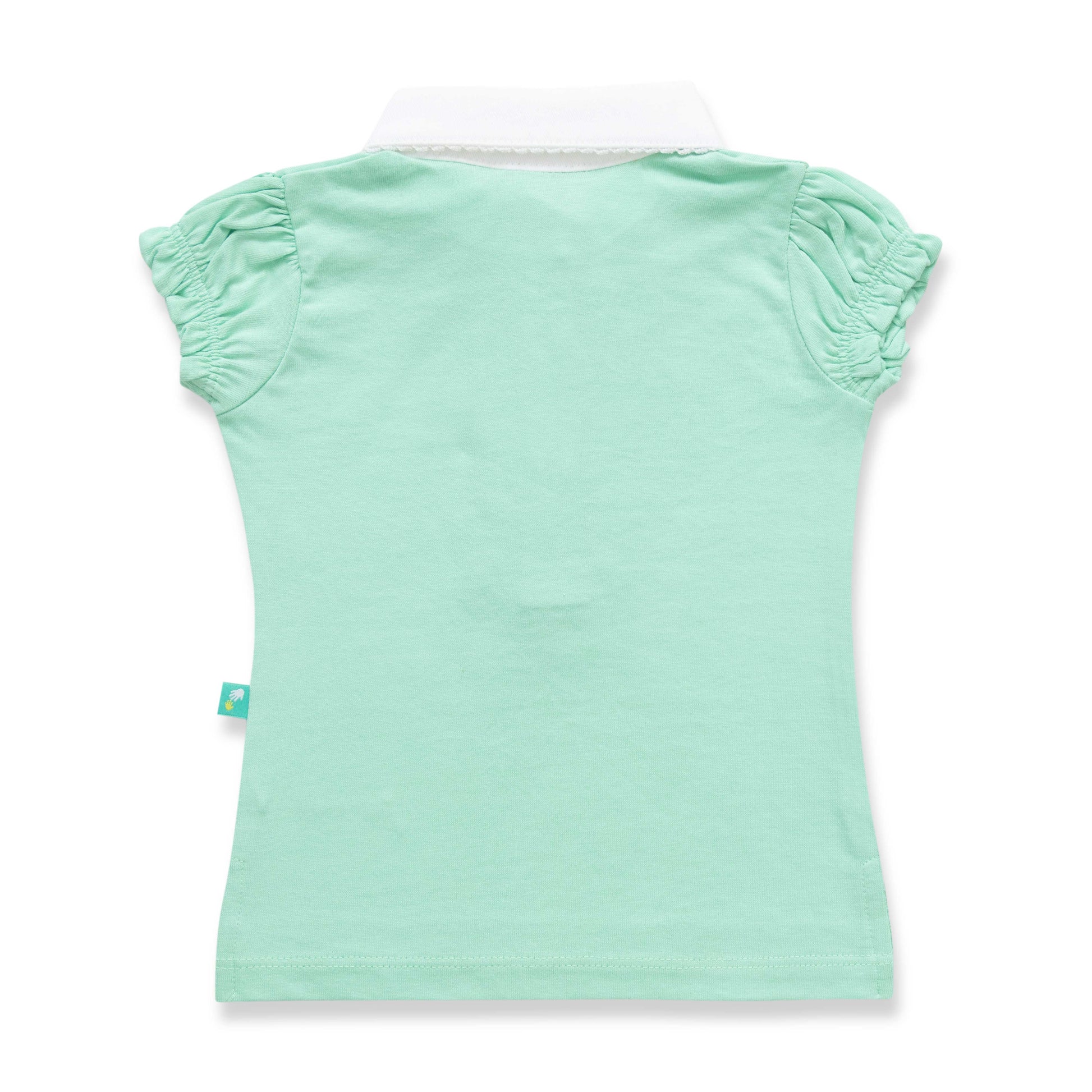 "Girls' Mint Green Polo T-Shirt with Ruffled Button Placket & White Collar"