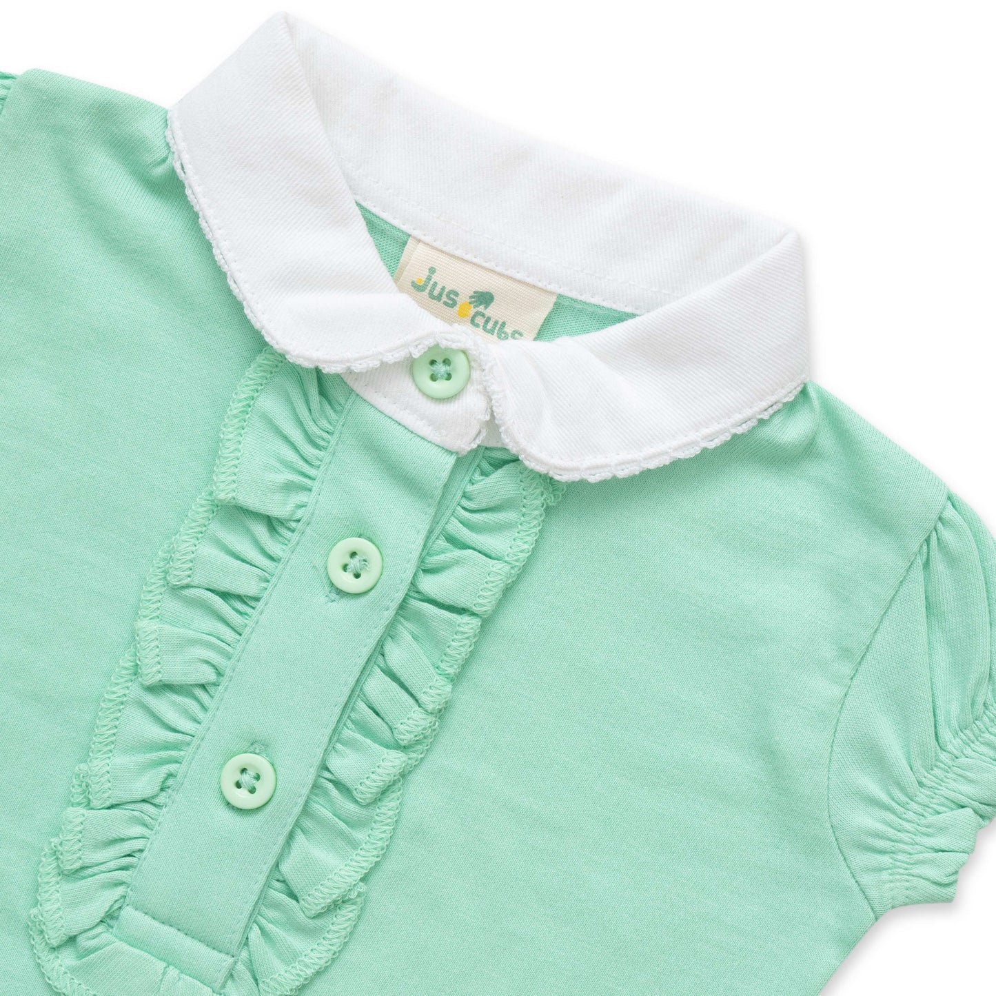 "Girls' Mint Green Polo T-Shirt with Ruffled Button Placket & White Collar"