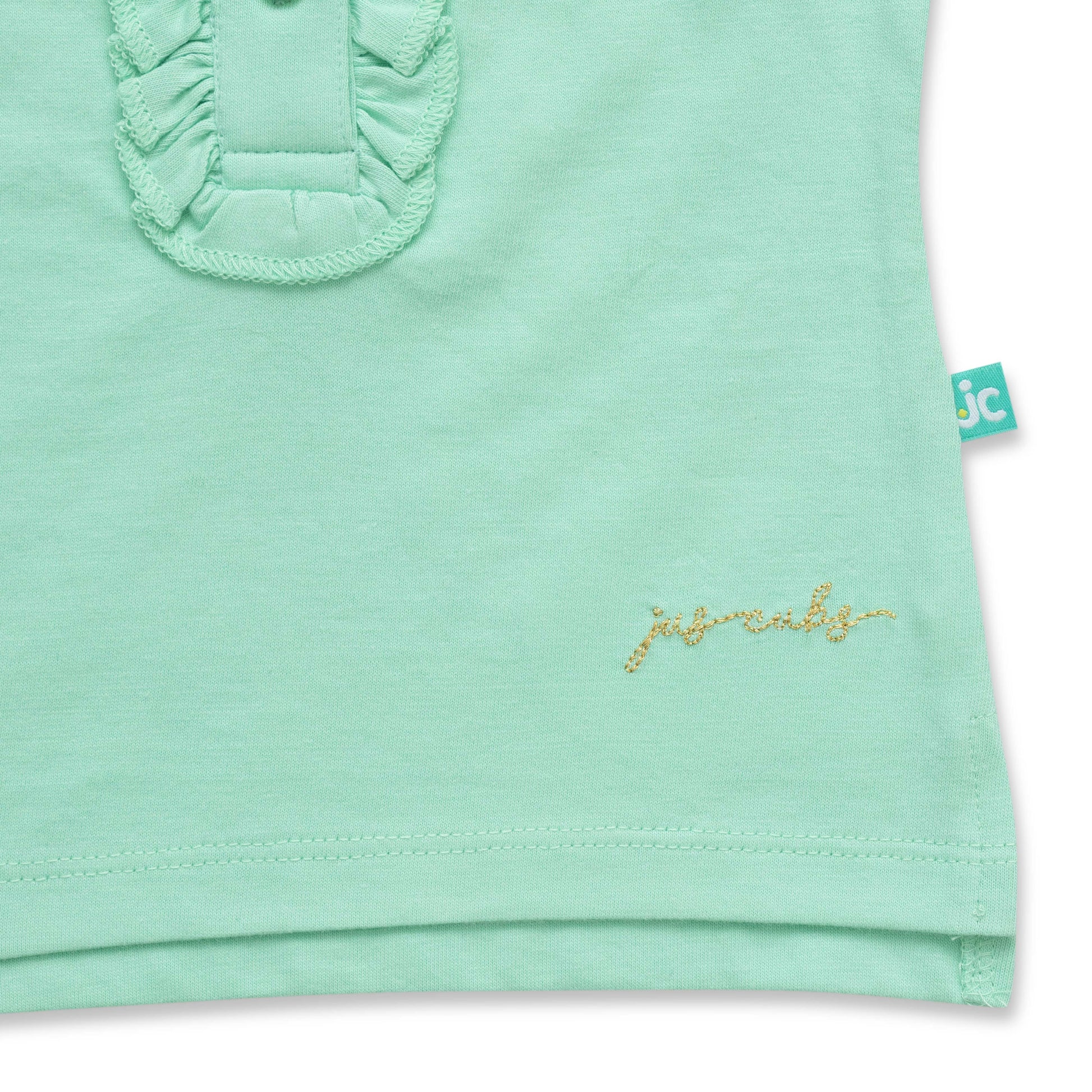 "Girls' Mint Green Polo T-Shirt with Ruffled Button Placket & White Collar"