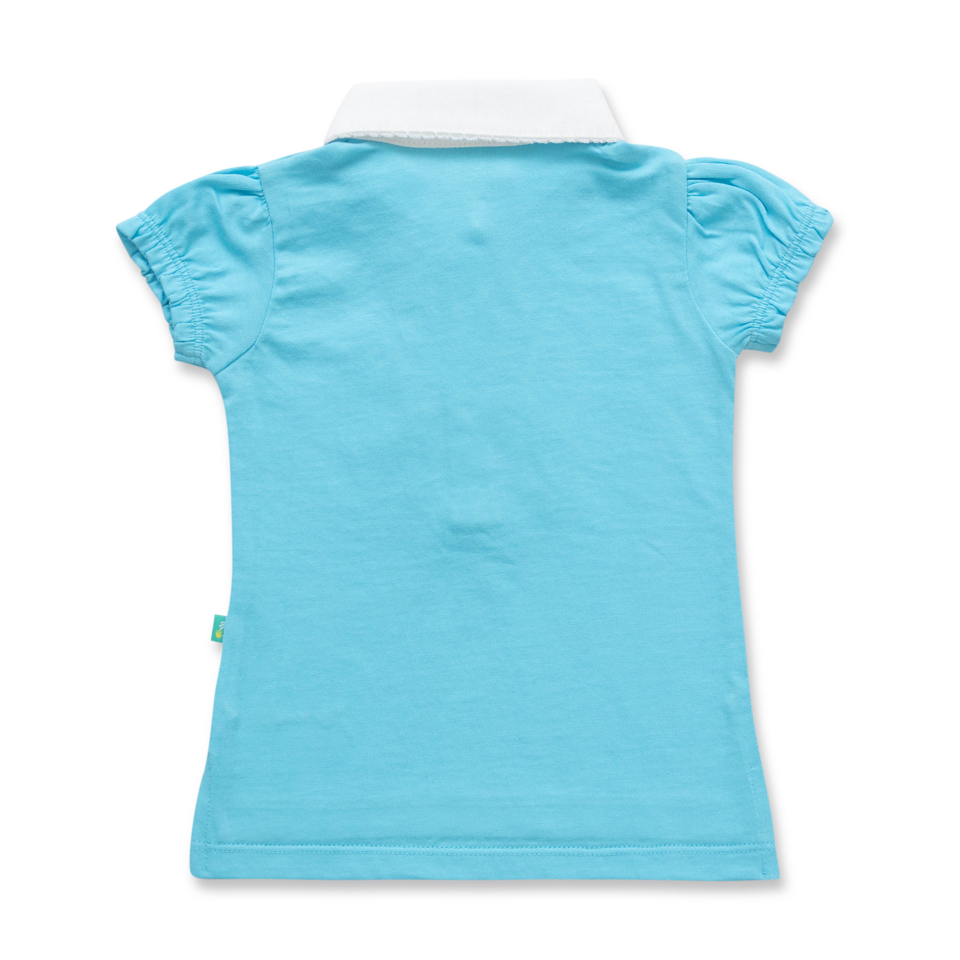 "Girls' Sky Blue Polo T-Shirt with Ruffled Button Placket & White Collar"