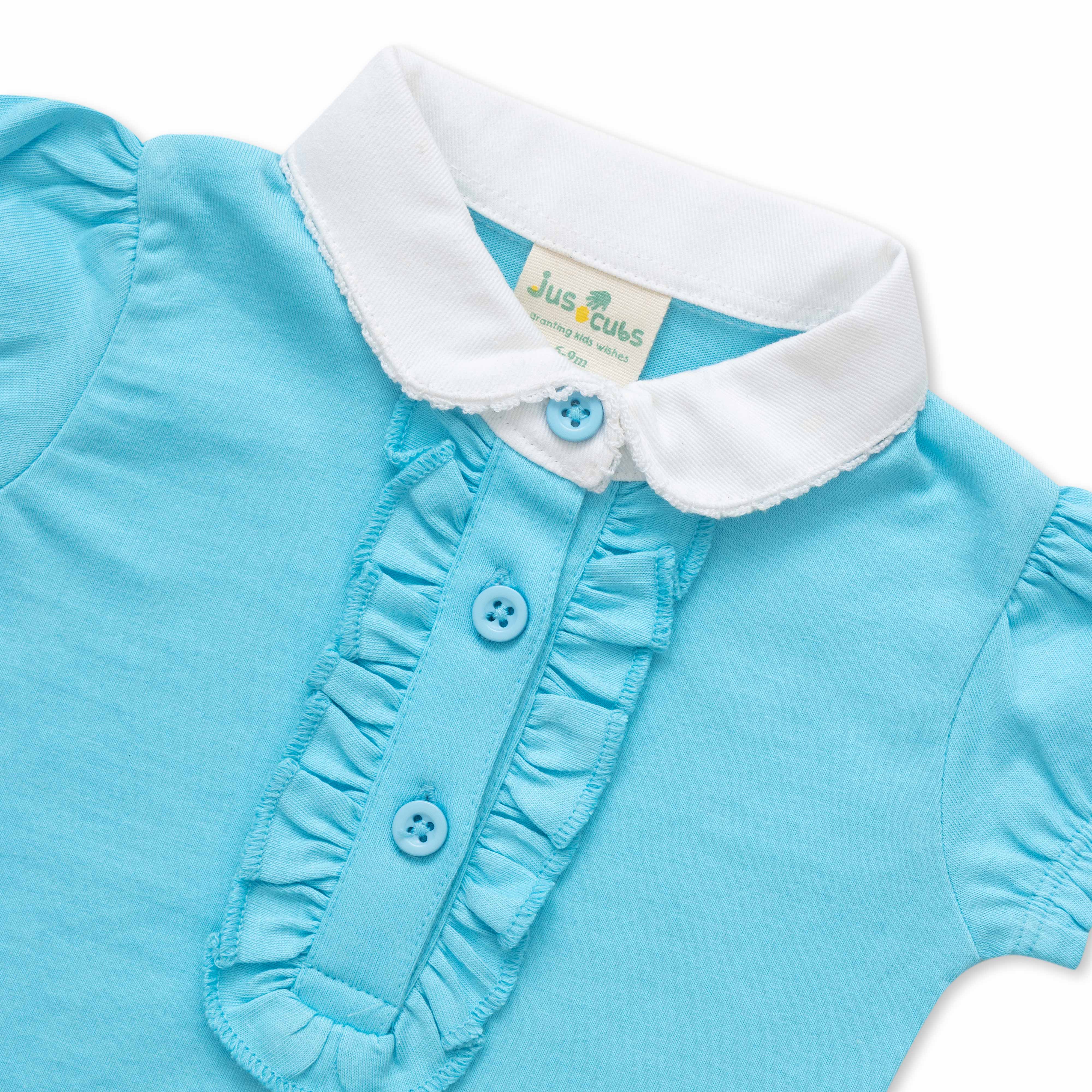"Girls' Sky Blue Polo T-Shirt with Ruffled Button Placket & White Collar"